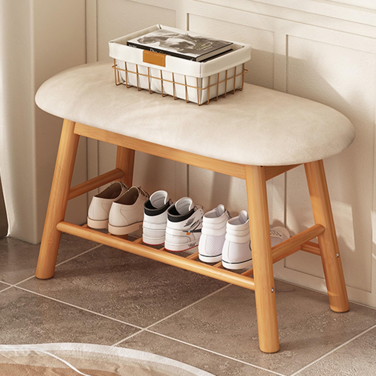 GHFXSCV Farmhouse Style Shoe Bench with Upholstered Seat, Space-Saving Entryway Storage Solution for Hallway and Living Room, Stylish nizer and Seating Combo