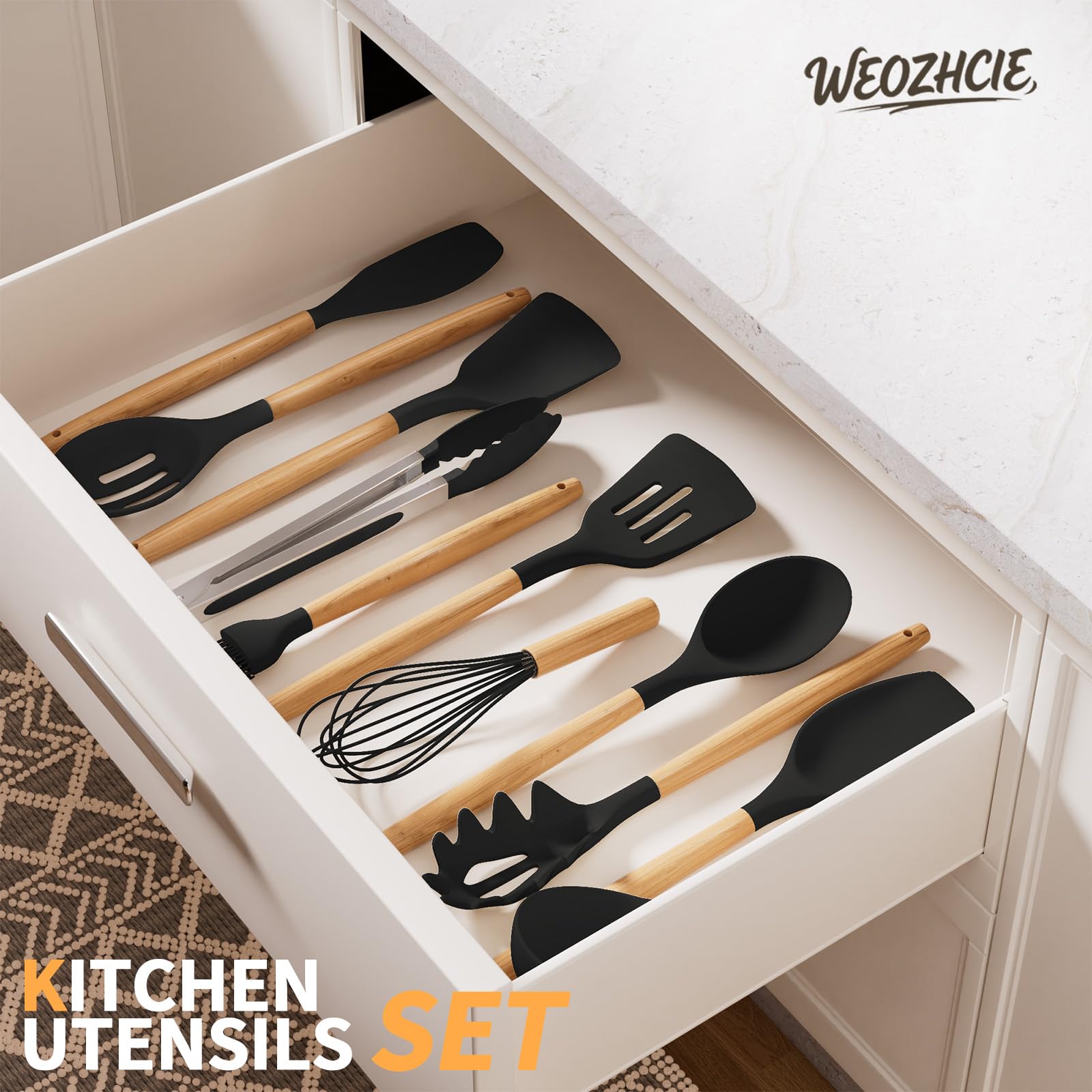 Silicone Cooking Utensil Set,12 PCS Cooking Cookware Kitchen Utensils Set for Cooking, Nonstick 446°F Heat-Resistant Cookware Kitchen Tools of Spoon,Brush,Whisk,Spatula,Turner Tongs (Black)