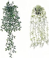 Freyalife 2 Pack Fake Hanging Eucalyptus Plants in Pots - Realistic Artificial Potted Greenery for Boho Bedroom Office Indoor Outdoor Decor