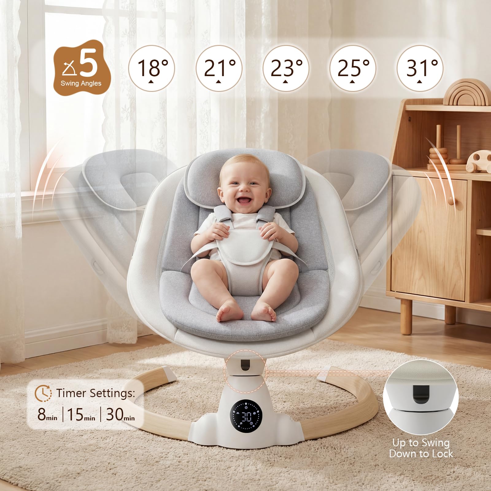 Baby Bouncer, Portable Electric Baby Swing with Bluetooth, 5 Swing Speed, 10 Lullabies, 5-Point Harness, Remote Control & Touch Panel - Bouncer from Birth for Indoor & Outdoor Use (Wood Grain) — view 3