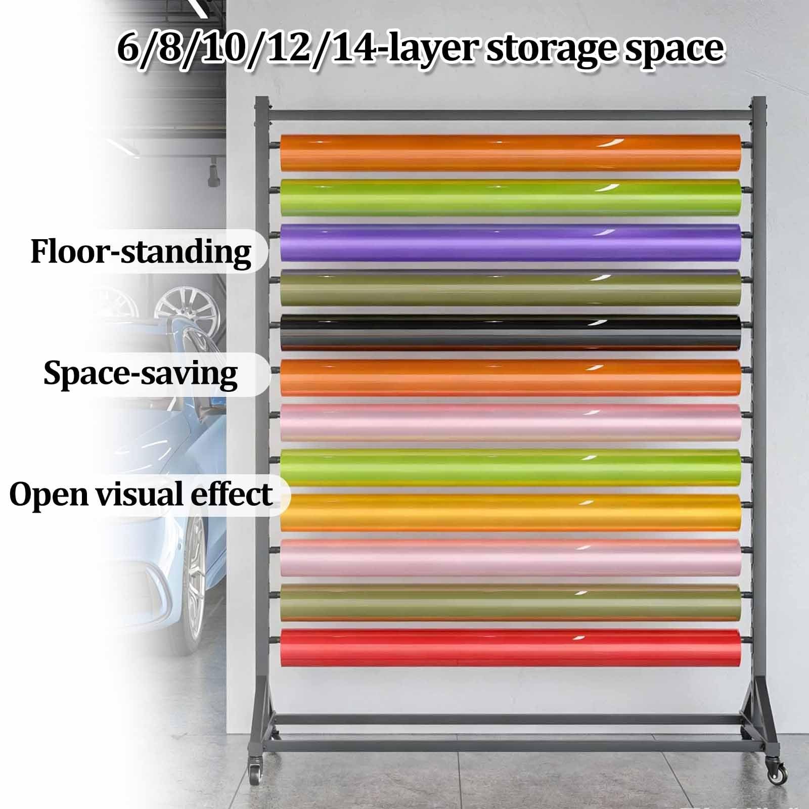 Expositor vinilo rotulación coches, soporte para rollos vinilo con ruedas | Espaciado ajustable, organizador vertical para vinilo, para papel pintado, rollos de tela y manteles, negro(6-tier)
