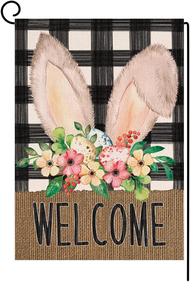 SamboskBuffalo Easter Bunny Small Garden Flag Welcome Spring Vertical Double Sided Burlap Rabbit Ear Egg Floral Farmhouse Yard Outdoor Decoration 12 x 18 Inches
