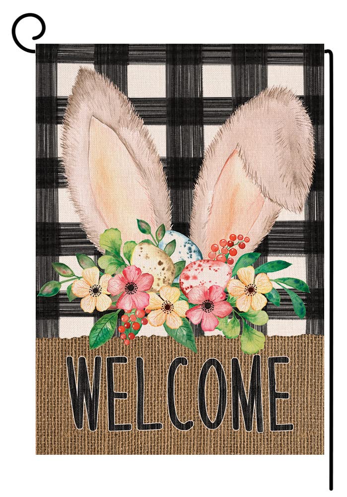 SamboskBuffalo Easter Bunny Small Garden Flag Welcome Spring Vertical Double Sided Burlap Rabbit Ear Egg Floral Farmhouse Yard Outdoor Decoration 12 x 18 Inches