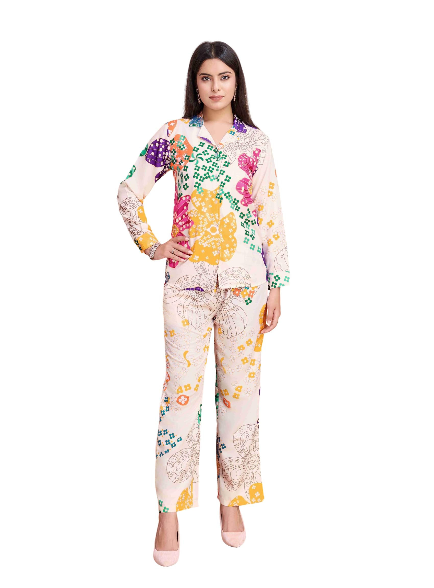 Vintro Women's Rayon Slub Floral Print Beige Colored Co-ords Set