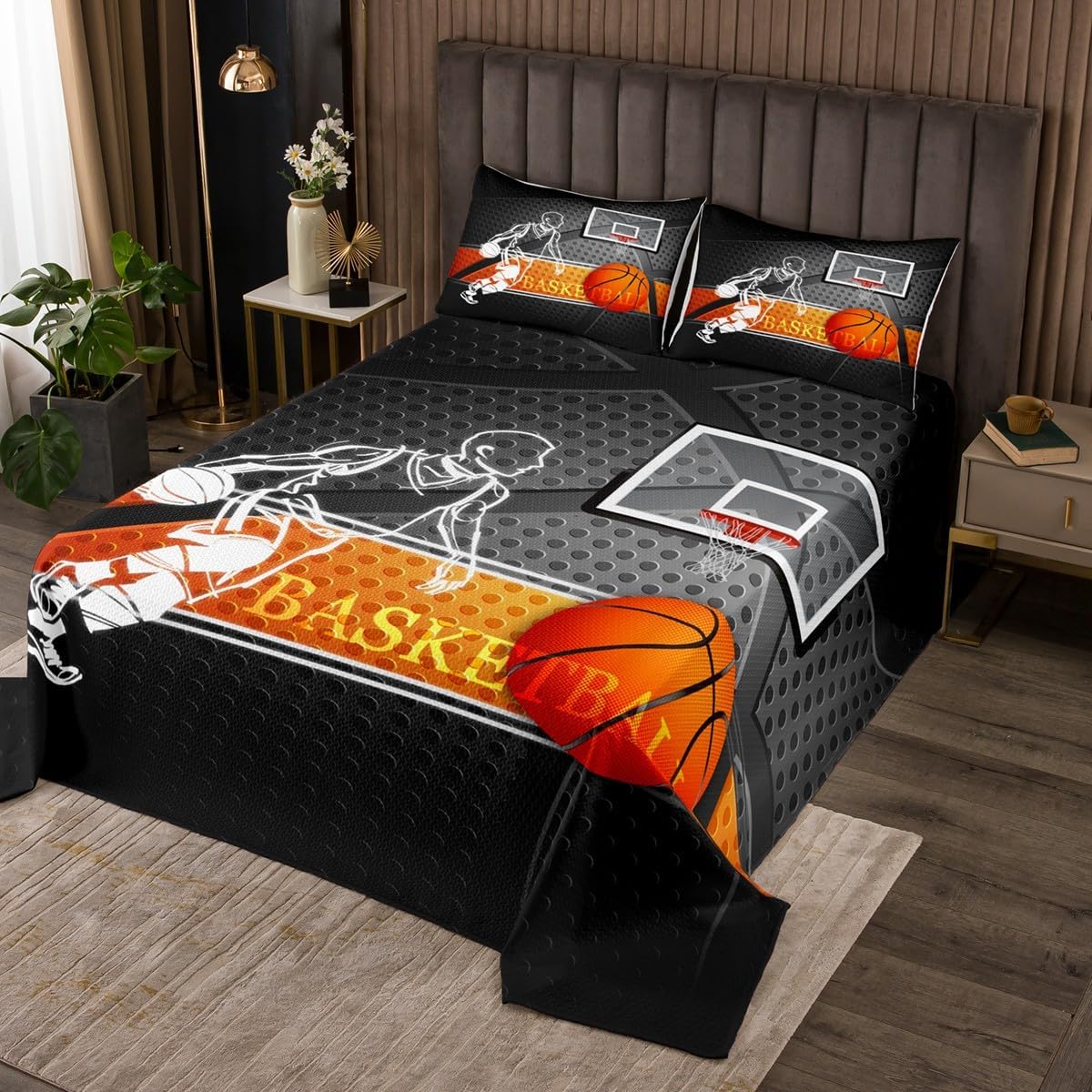 Black Golden Line Basketball Bedspread Twin Size,3D Basketball Court Bedding Set for Kids Boys Teens Men Room Decor,Sports Games Theme Comforter Set Fashion Cool Quilt Coverlet,1 Pillowcase
