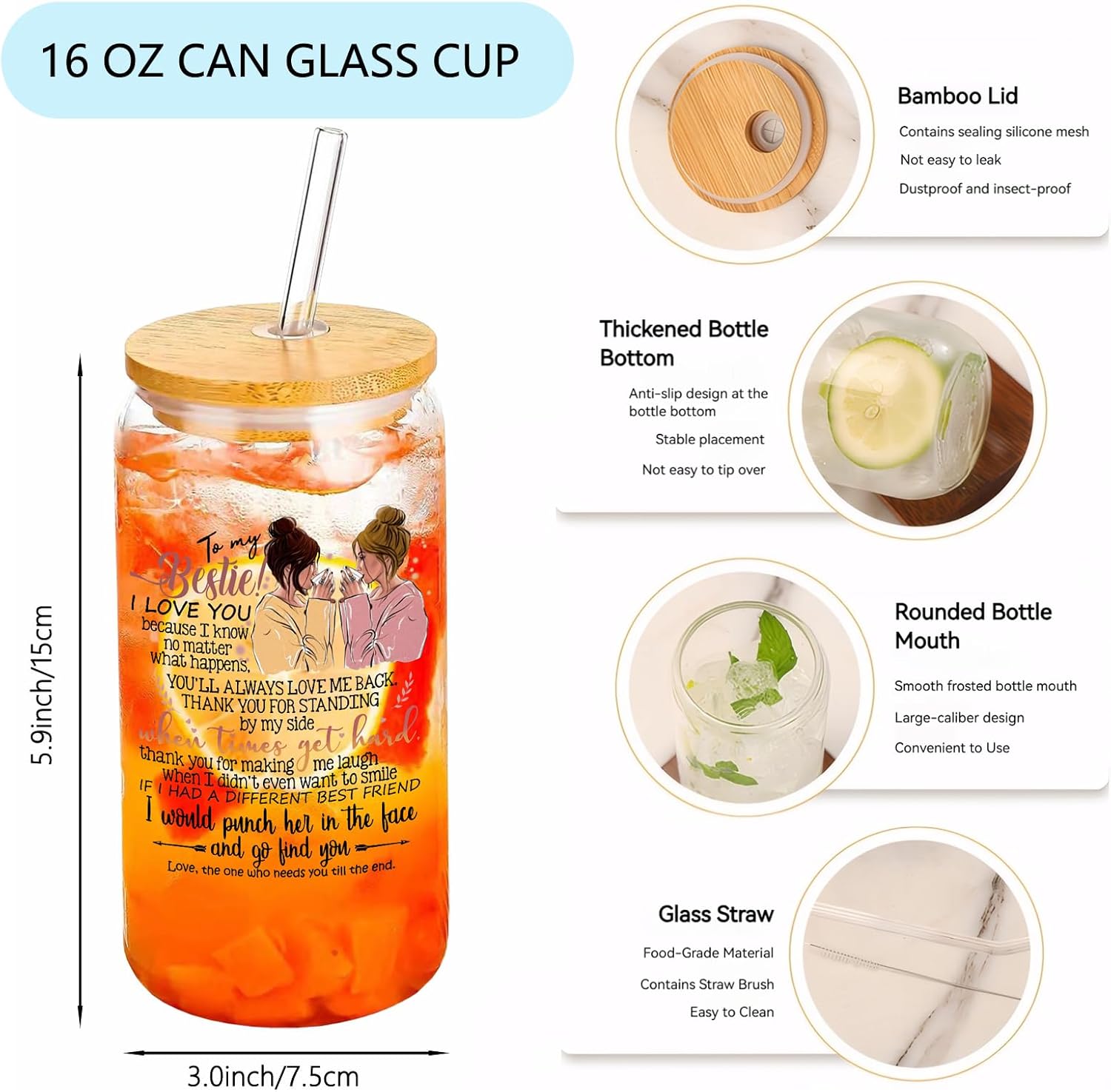 Bestie I Love You Glass Cup with Lid & Straws 16 Oz - Drinking Glass Tumbler for Iced Coffee, Smoothie, Cocktail - Anniversary, Birthday, Christmas Gift for Women, Confidante, Friends, BFF - Image 3