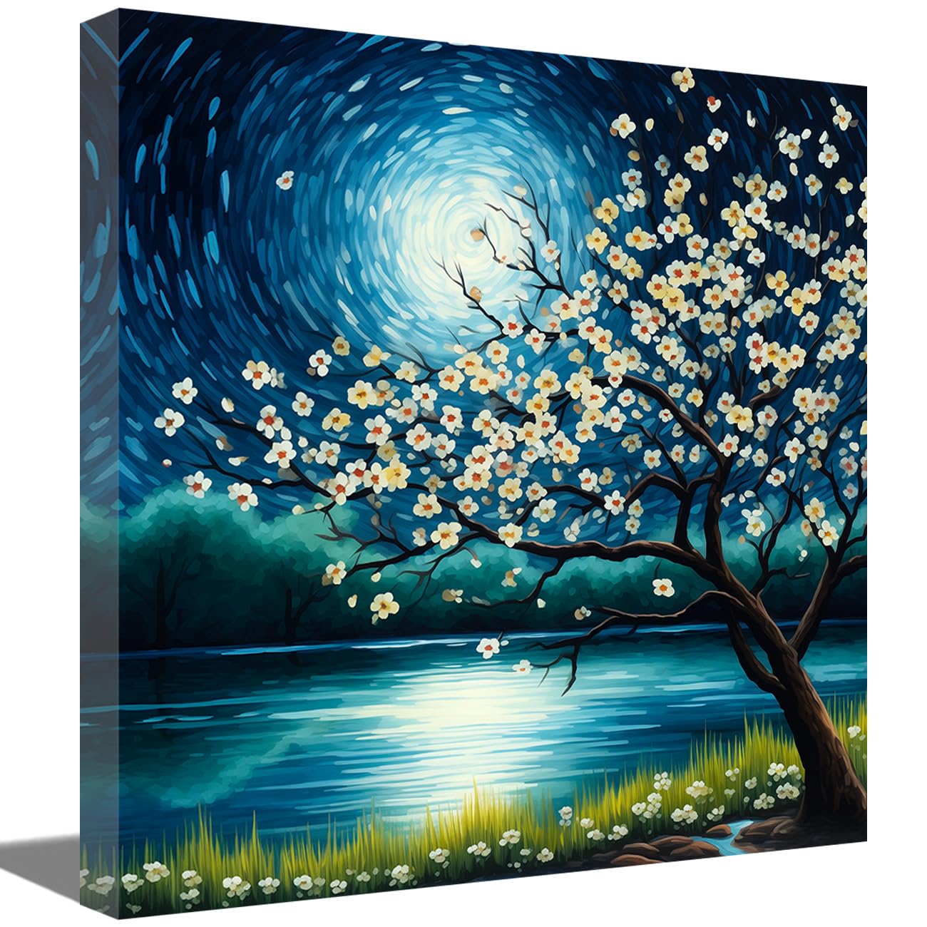 LMYSXAOZ Moon Canvas Wall Art Large White Blossom Trees Pictures Prints Abstract Romantic Painting Nature Scenery Home Decor (Moon-E,20.00" x 20.00")