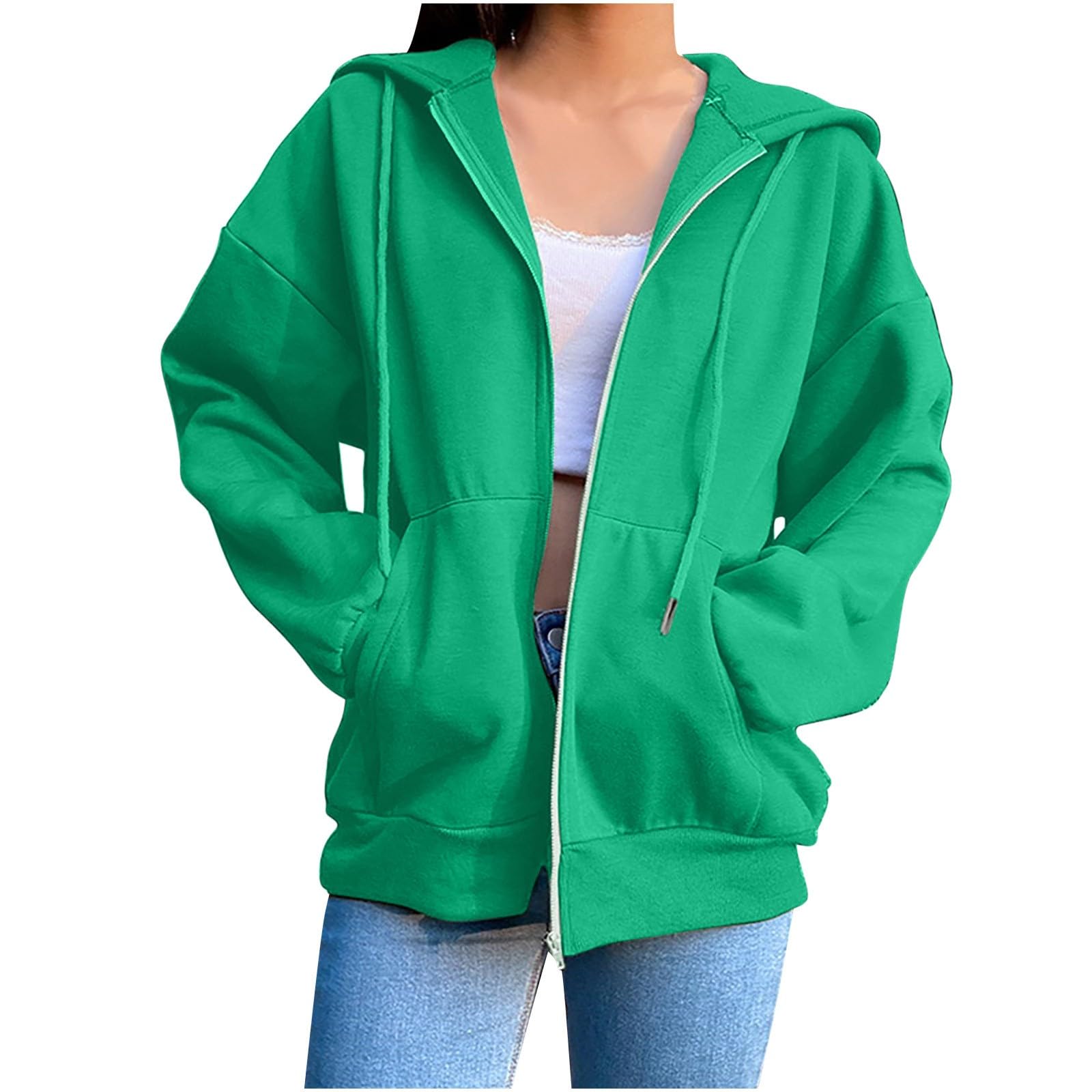 Women's Zip Up Hoodies Oversized Solid Color Sweatshirt With Pocket Casual Long Sleeve Fall Jackets