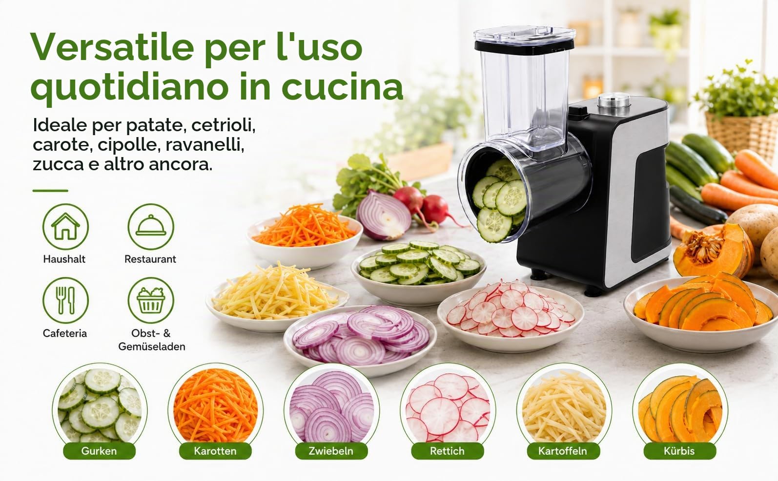Grattugia elettrica per verdure, 1000 W, con 10 lame in acciaio inox, taglio vegetale elettrico per carote, formaggio, cetriolo, cipolle (nero)