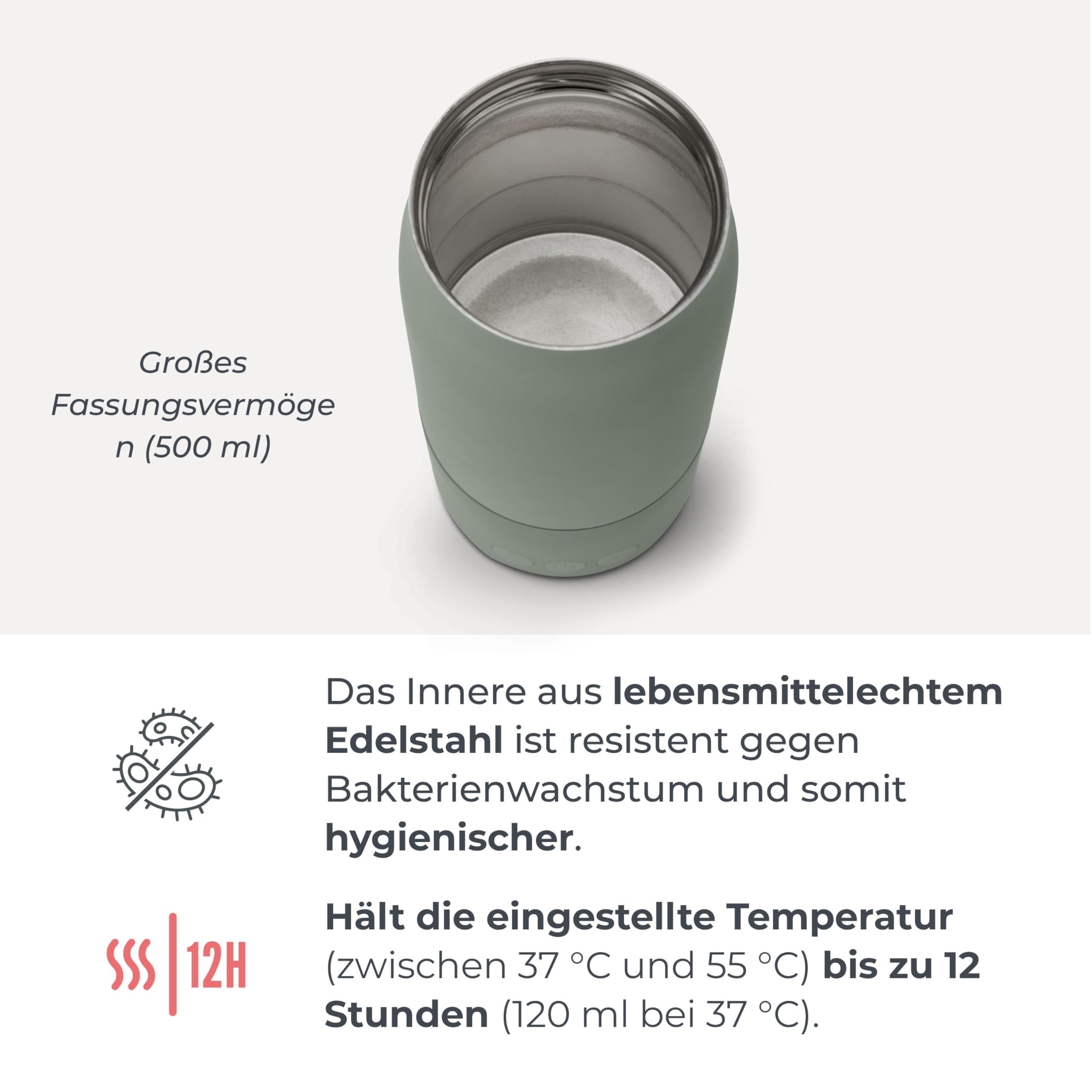 Nuvita 1190 Tragbarer Milchwärmer 500 ml – Kabelloser Flaschenwärmer mit wiederaufladbarem Akku, 3 wählbare Temperaturen 37 °C/55 °C/100 °C, hält bis zu 12 Stunden warm, ideal für Milch und Kräutertee