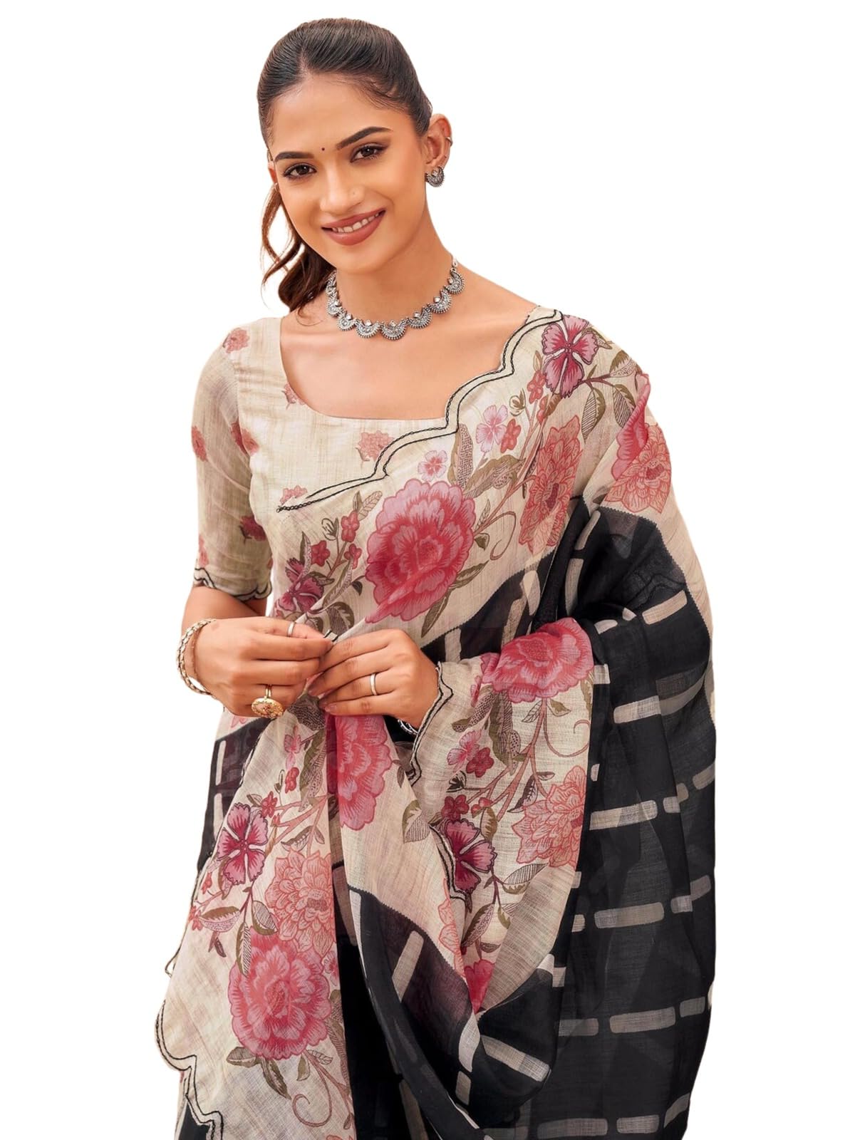 siril Women's Cotton Linen Printed Saree with Unstitched Blouse Piece-picture-10