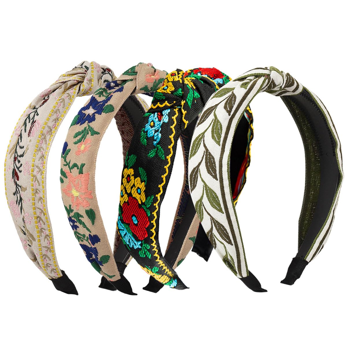 Ewanda store 4Pcs Bohemian Floral Headbands for Women,Wide Handmade Knotted Embroidery Turban Headbands for Women Girls Hair Accssories
