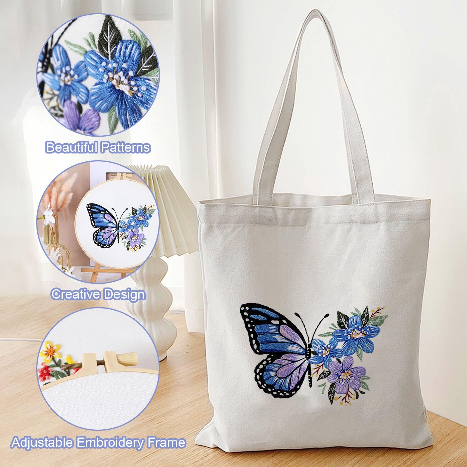 Kit Broderie Débutant Avec Sac En Toile - Motif Papillon Fleuri - Aiguilles, Fil Et Cerceau Inclus