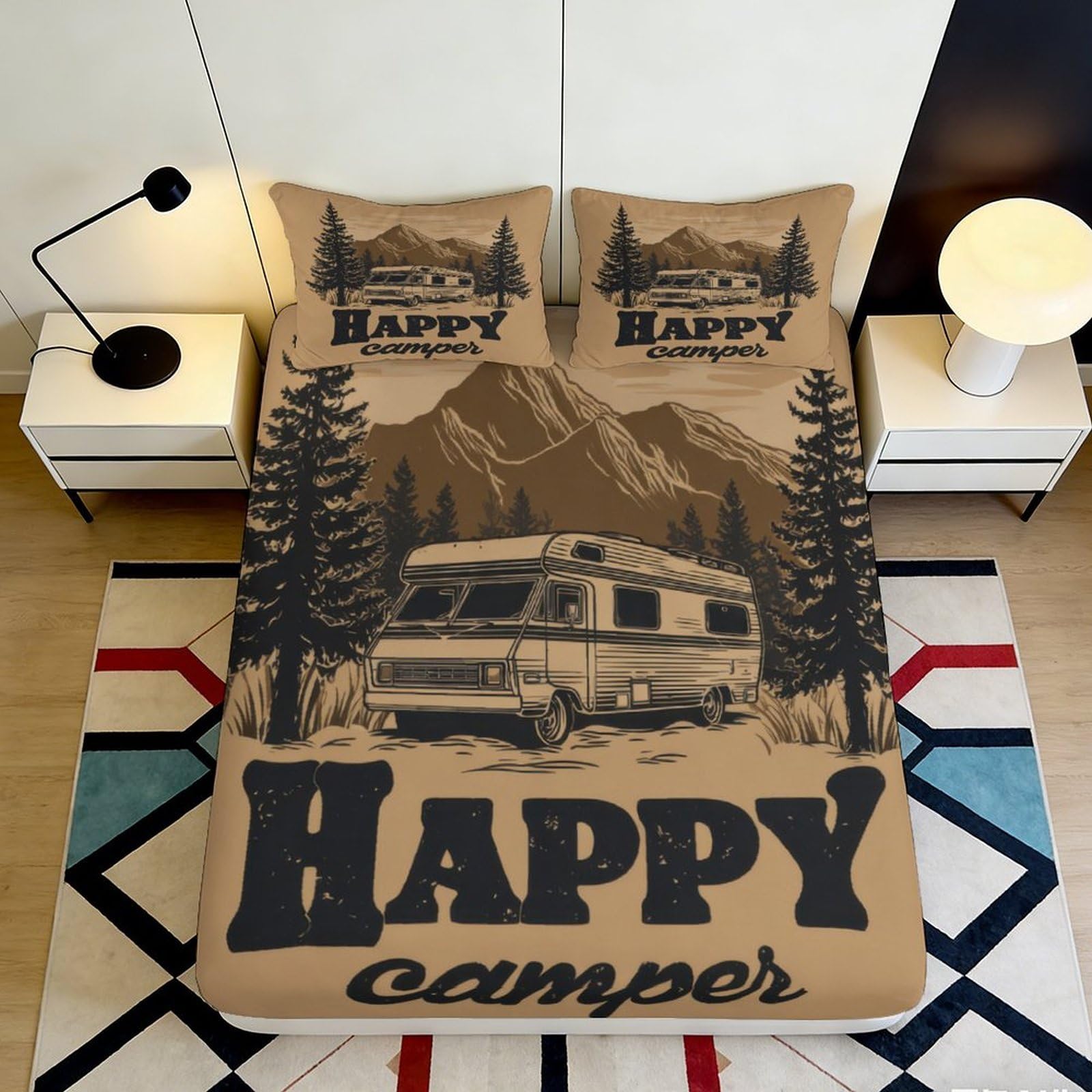 3D Printed Camper Van Fitted Sheet Microfiber Soft Durable Happy Camper Bed Cover for Bedroom Dormitory Guest Room Mattress Protection 160x200x25cm