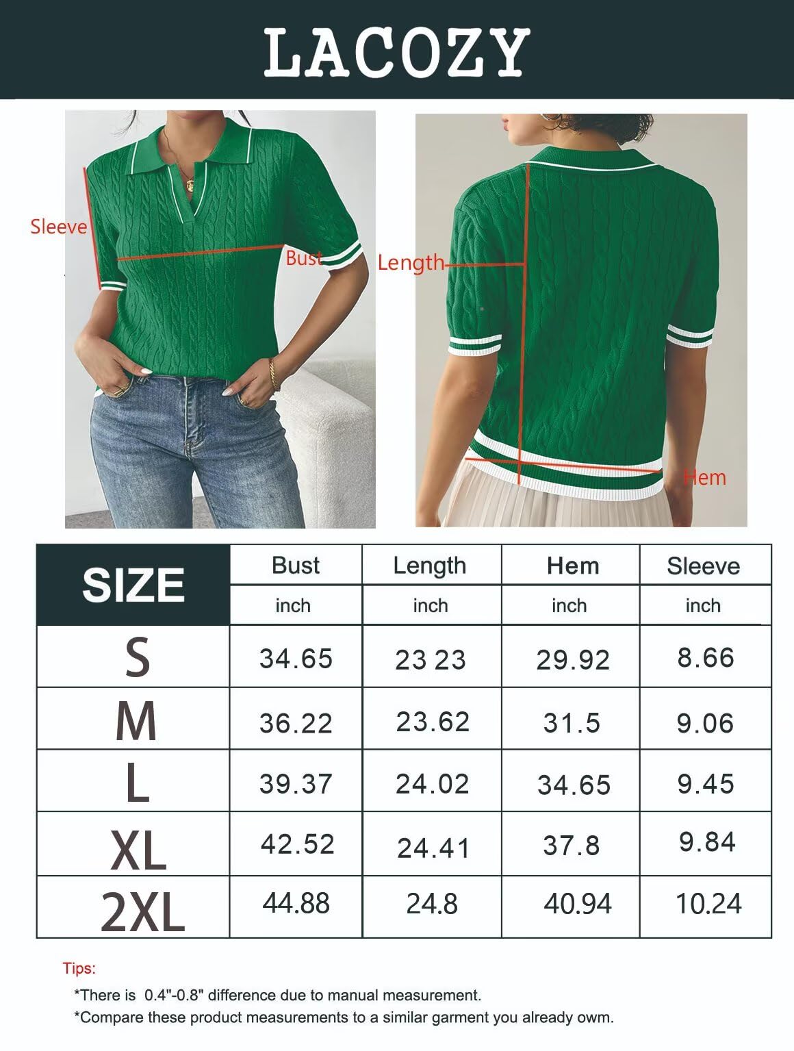 LACOZY Polo d'été à manches courtes et col en V pour femme - Décontracté et léger - Tricot côtelé