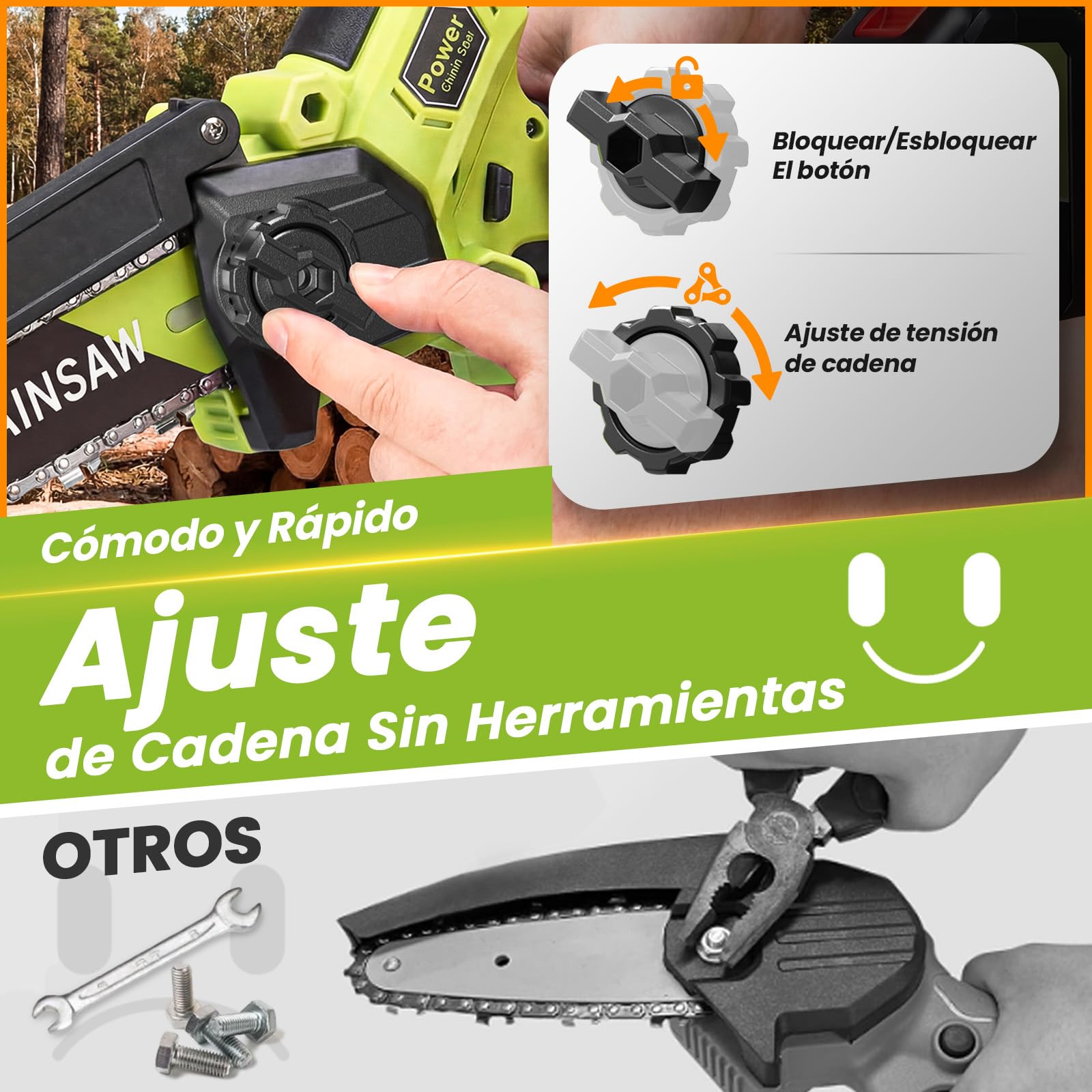 Mini Motosierra Bateria, Motosierra Eléctrica 8 Pulgadas 1300W Sin Escobillas 2*2000mAh Baterías, Lubricación Automática, Ajuste sin Herramientas, Motosierra de Mano para Podar Árboles de Jardinería