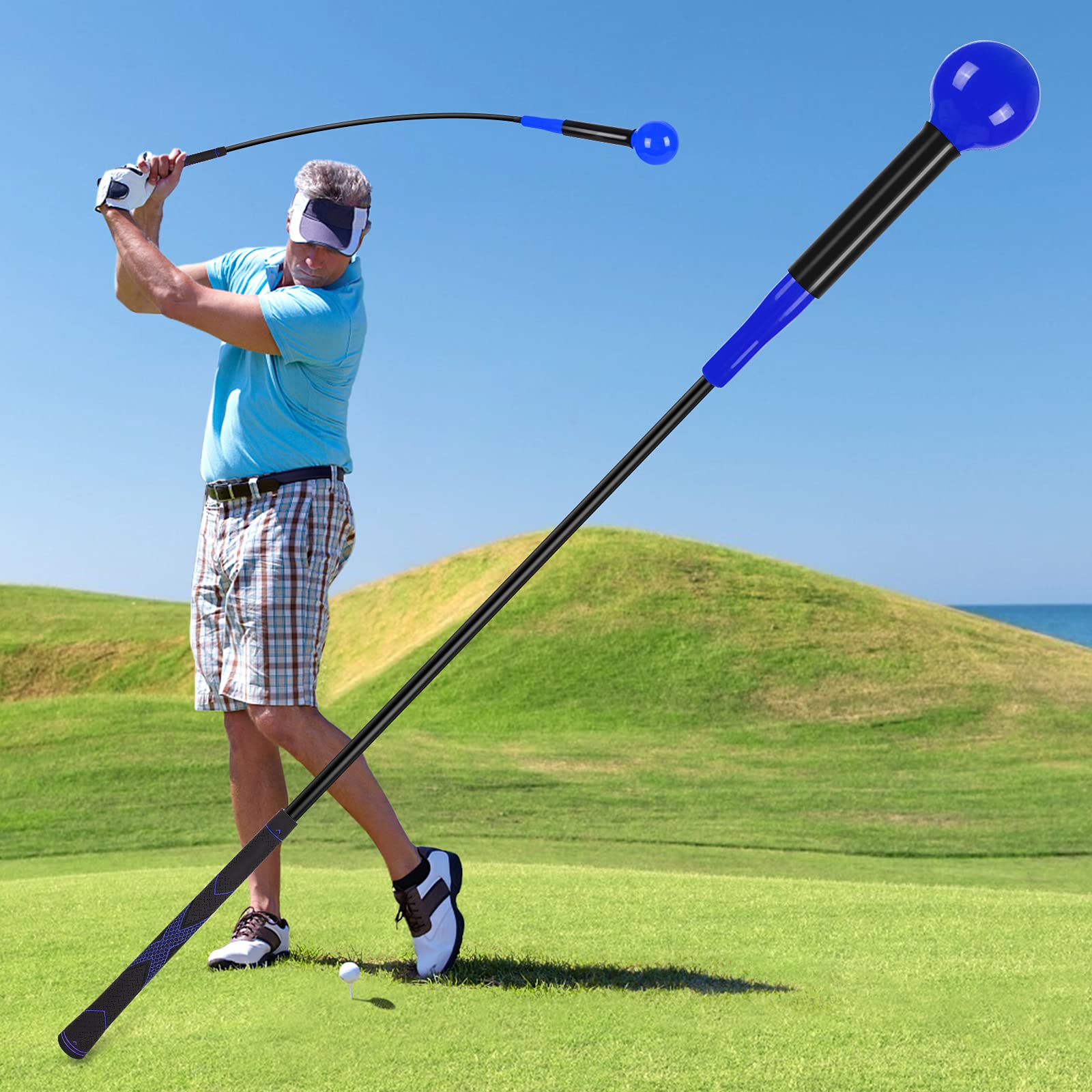 Zeonetak Golf Swing Trainer Aid - Golf Swing Training, Practice Warm-Up Stick for Strength,Rhythm, Flexibility, Tempo, and Balance Suit for Indoor & Outdoor (48 Inches, Blue)