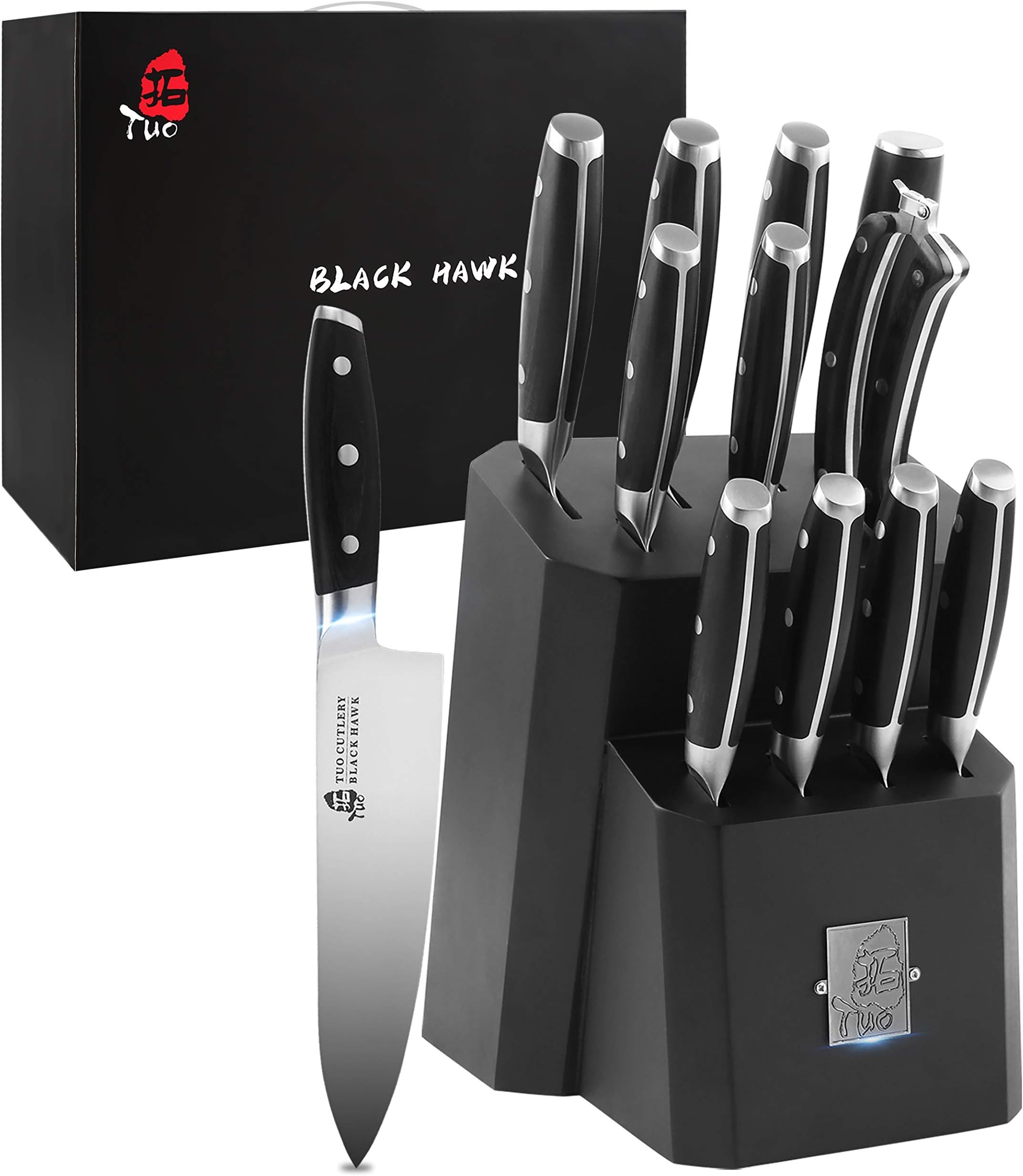TUOKitchen Knife Set - 12 Pcs Knife Set with Wooden Block - Premium Forged German Stainless Steel, Ergonomic Pakkawood Handle - BLACK HAWK SERIES with Gift Box