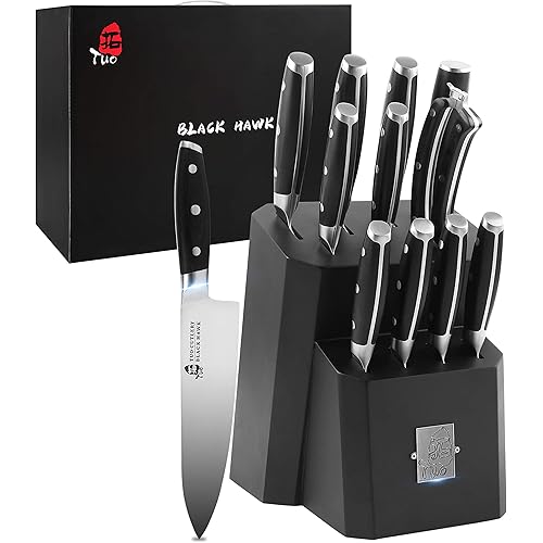 TUO Kitchen Knife Set - 12 Pcs Knife Set with Wooden Block - Premium Forged German Stainless Steel, Ergonomic Pakkawood Handle - BLACK HAWK SERIES with Gift Box