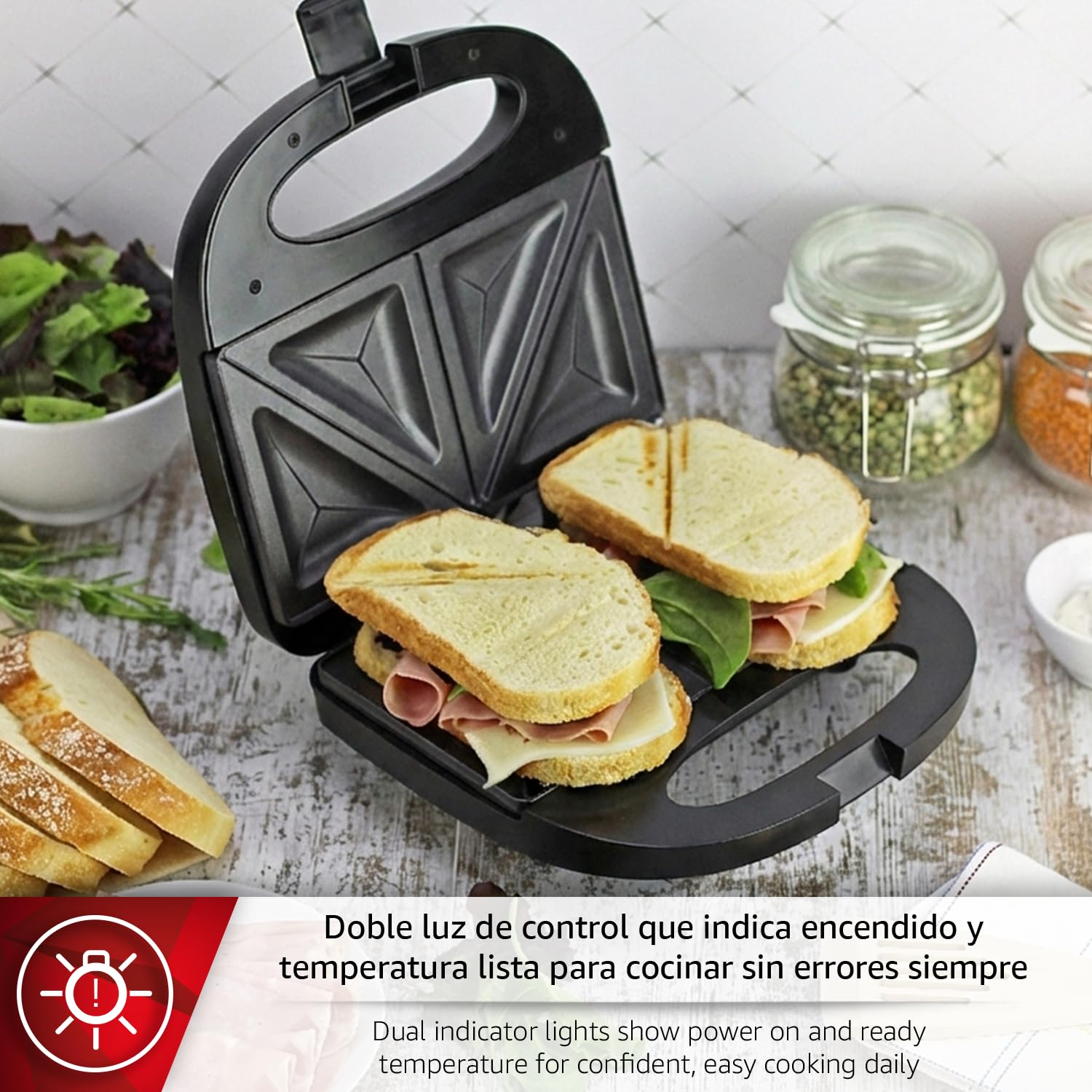 Magefesa Suisse Black - Sanwichera Negra, Capacidad para 2 Sandwiches, Asa Fría al Tacto, Placas Grill Antiadherentes, Sin BPA, Sellado Perfecto
