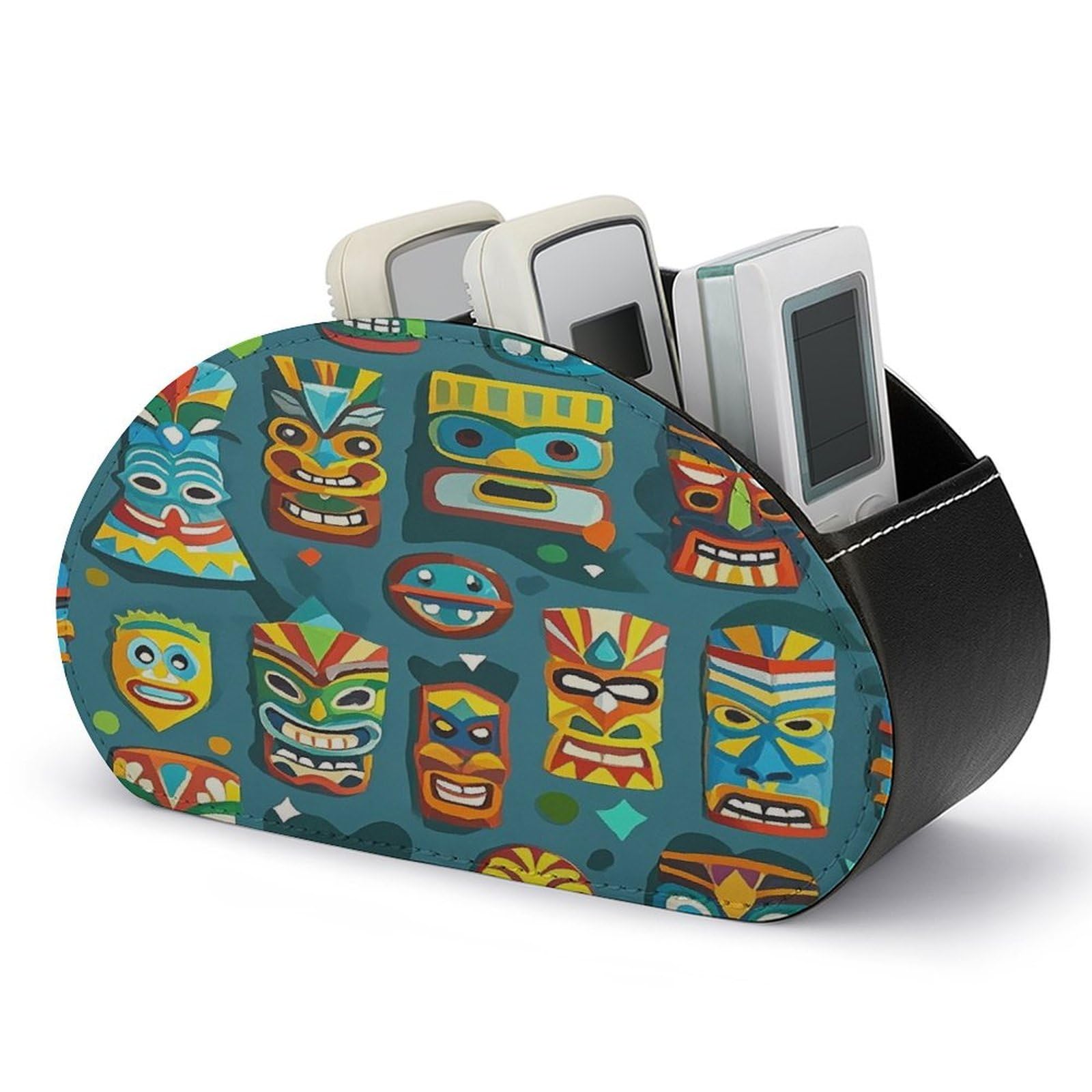 FekiLoot Colorful Tiki Mask Pattern TV Remote Control Holder with 5 Compartments Multi-functional Leather Bedside Table Remote Caddy Desktop Storage Box for Store Pen Controller Media Player Cosmetic