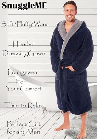 SnuggleME Dressing Gowns for Men | Super Soft Snuggle Hooded Dressing Gown | Men's Warm and Cozy Fleece Nightwear Robe | Gifts for Him