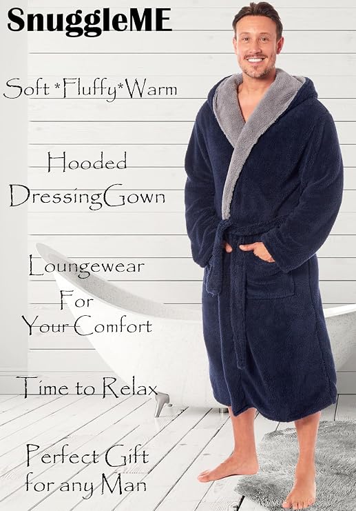 SnuggleME Dressing Gowns for Men | Super Soft Snuggle Hooded Dressing Gown | Men's Warm and Cozy Fleece Nightwear Robe | Gifts for Him