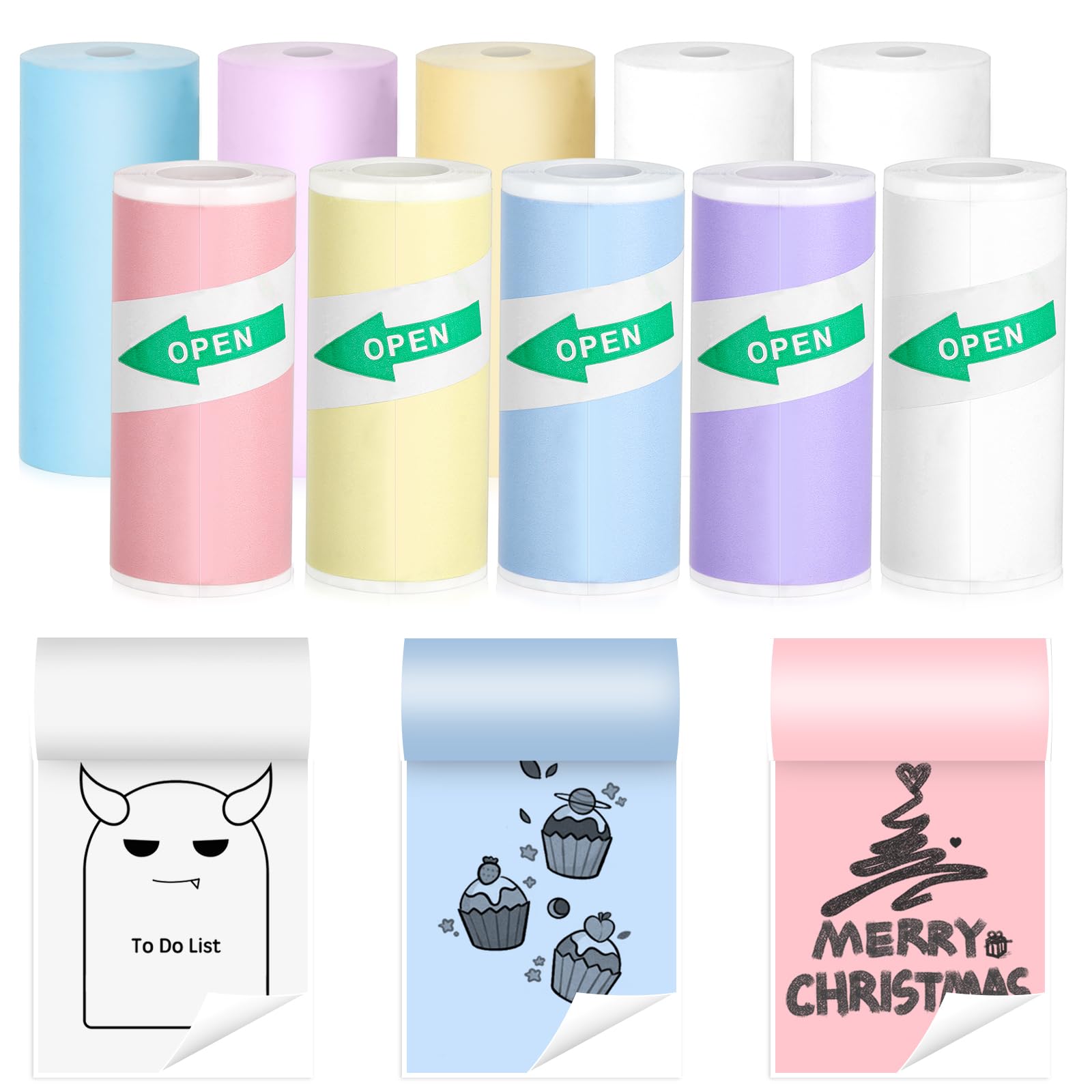10 Rolls 2.2in x 19ft Colorful Thermal Printer Paper Rolls and Self-Adhesive Printable Sticker for Mini Pocket Printer, Recipe Mini Portable Printer Paper, Thermal Receipt Paper Rolls