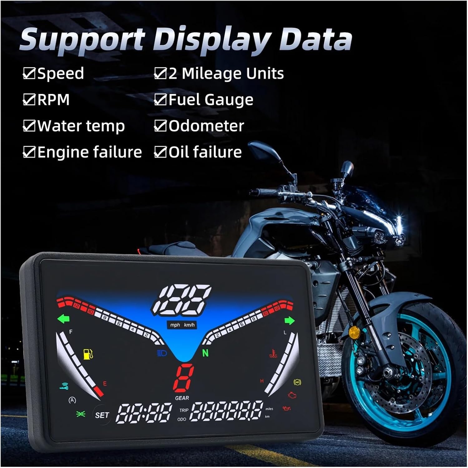 Digital Motorcycle Instrument RPM Dashboard with Fuel Level Gauge Water Temp Meter Tachometer
