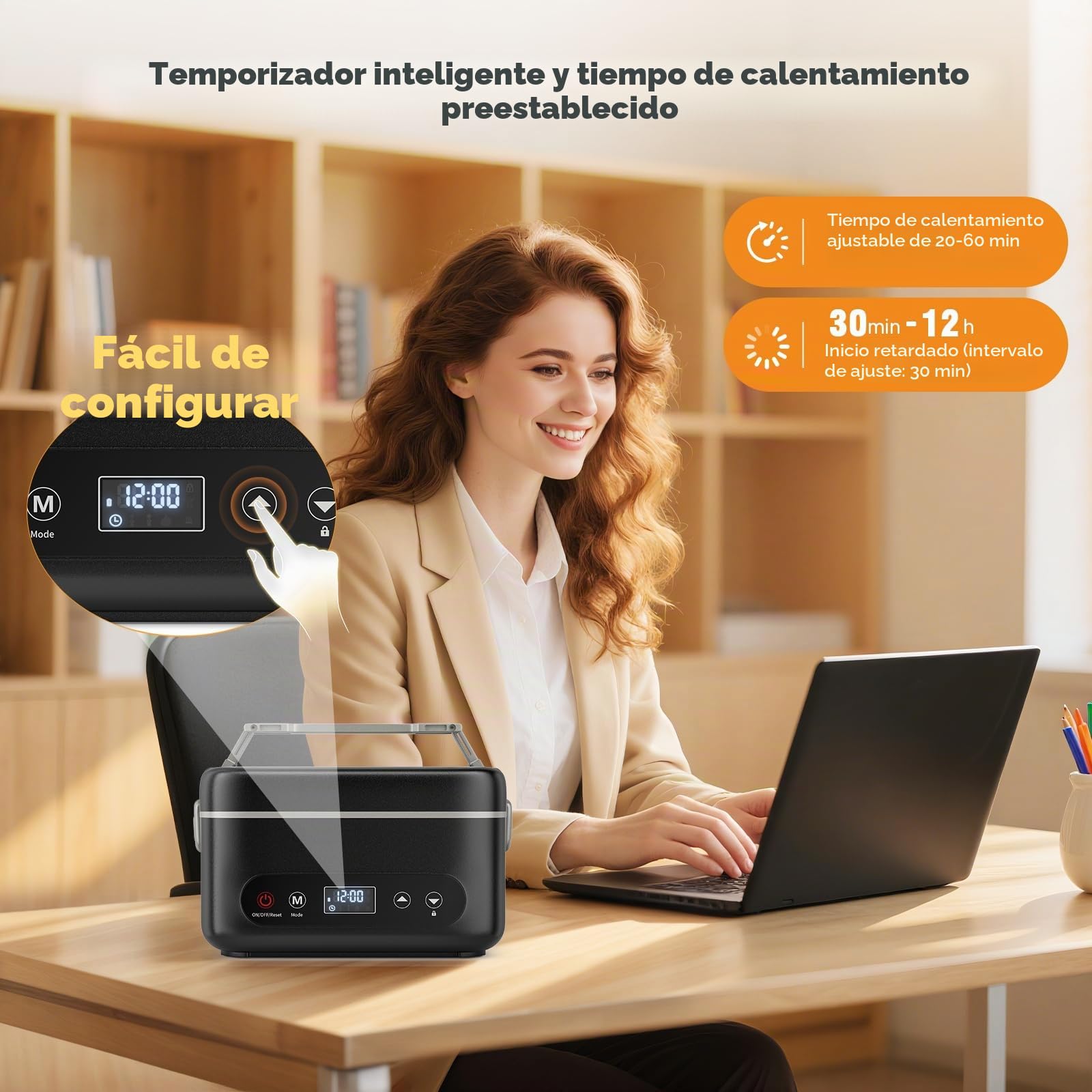 Fiambrera eléctrica con batería, 16.000 mAh, con función de calefacción, 1,2 L, con temperatura ajustable, modo de mantenimiento del calor y retardo de inicio de 12 horas para oficina, viajes y