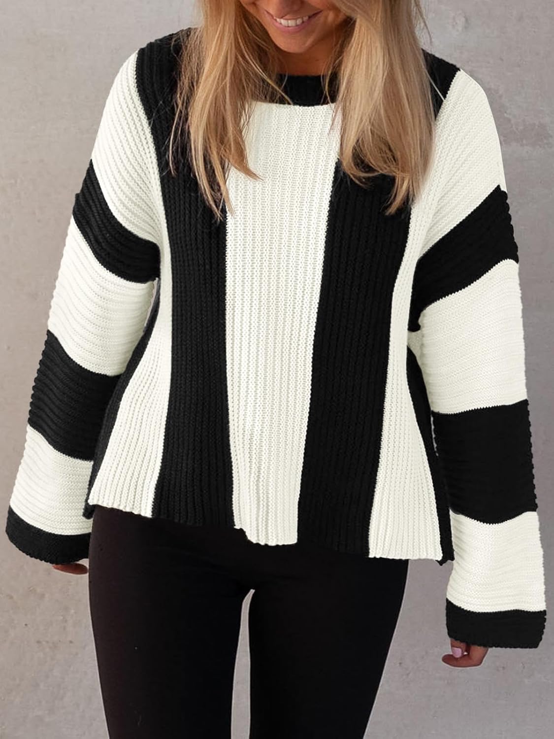 Saodimallsu Womens Striped Color Block Sweaters Fall Crew Neck Long Sleeve Ribbed Knit Casual Loose Pullover Sweater - Image 4