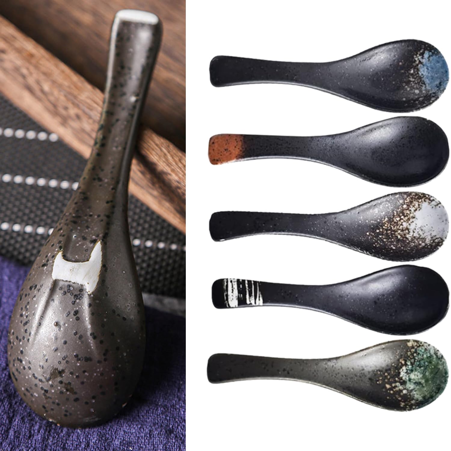 Set Di 5 Cucchiaio Cucchiaini In Ceramica, Cucchiai Da Minestra Cinesi Retrò, Cucchiai Da Ramen Asiatici, Cucchiai Da Zuppa Giapponesi, Creativo Stoviglie Cucina Per Wonton Pasta Caffè (Nero)