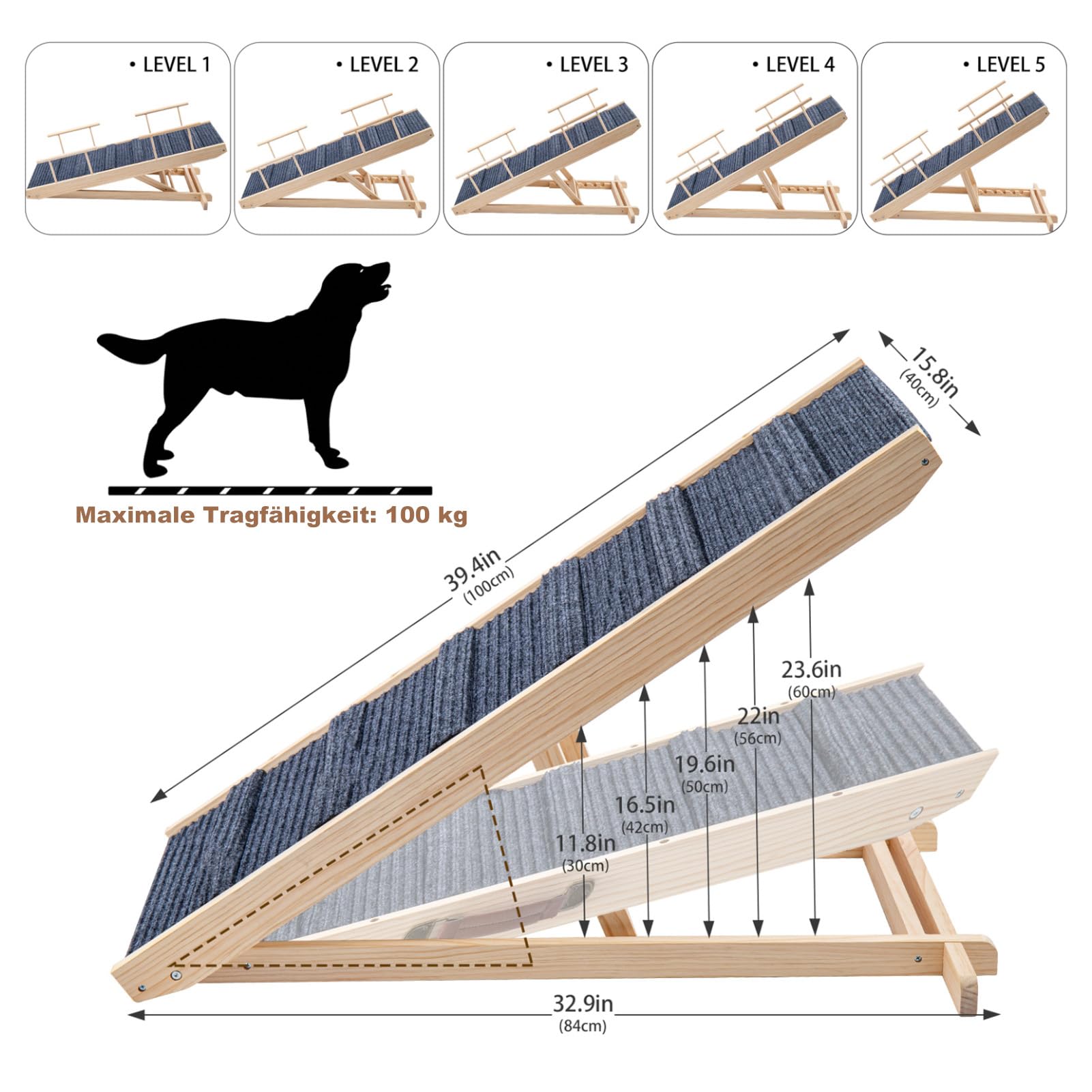 Hunderampe Klappbare Hunderampe aus Holz HöHenverstellbar 30-60cm rutschfeste Haustiertreppe Für Hunde Und Katzen Hunderampe Klappbar HöHenverstellbare Haustiertreppe rutschfeste Rampe