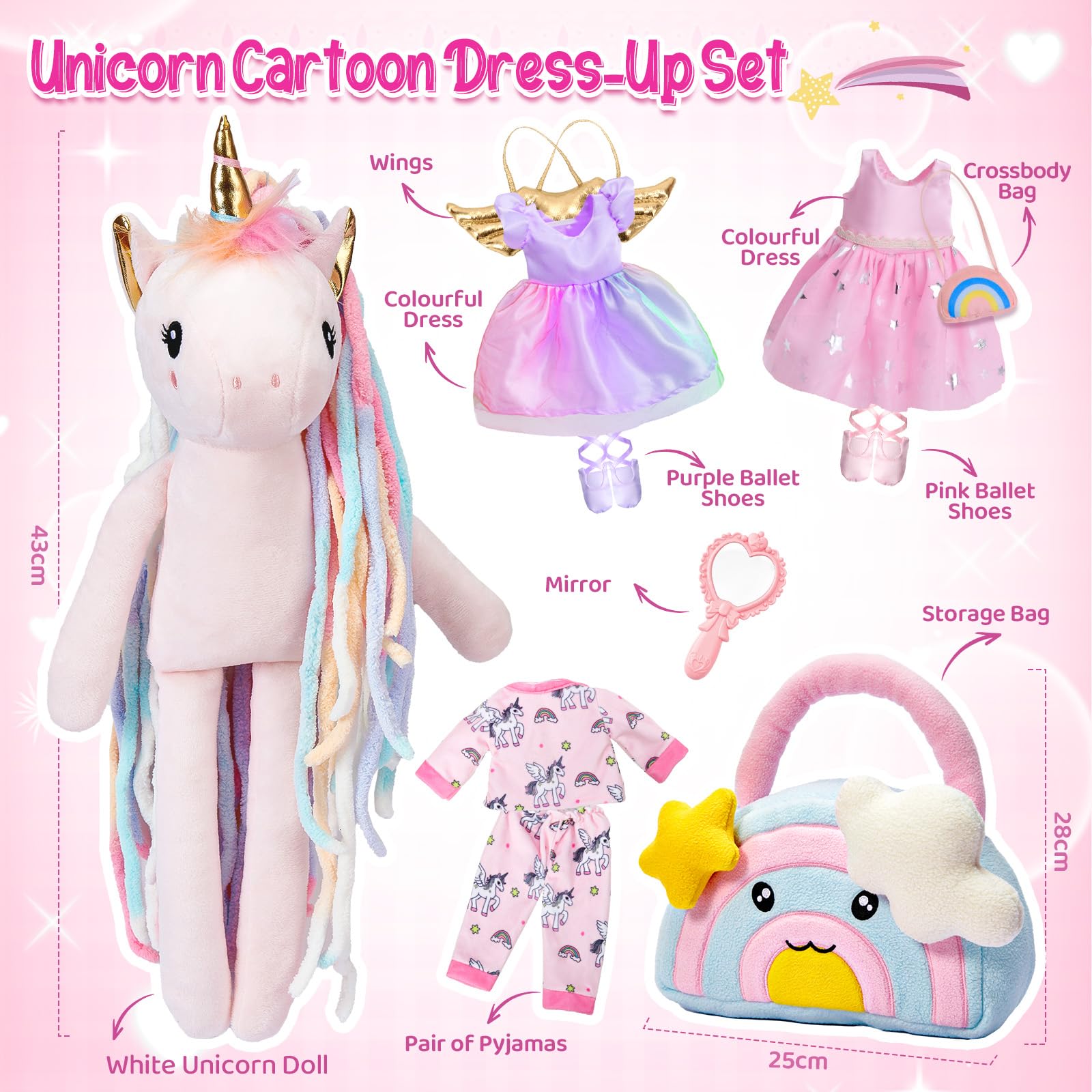 Peluche Unicorno Bambina Regalo, 43cm Peluche Unicorno Giocattolo Set con 3 Cambio di Vestiti & Borsetta, Unicorno Bambola da Vestire Compleanno Natale Regalo per Bambina 3 4 5 6 7 8 Anni