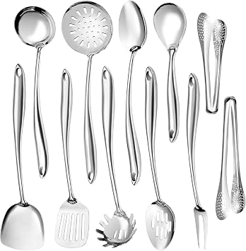 304 Stainless Steel Kitchen Utensils Set,11 Pcs Stainless Steel Cooking Utensils Set, Long Metal Cooking Utensil Gadgets Tools Set with Spatula, Spoon,Skimmer,Tongs etc Dishwasher Safe