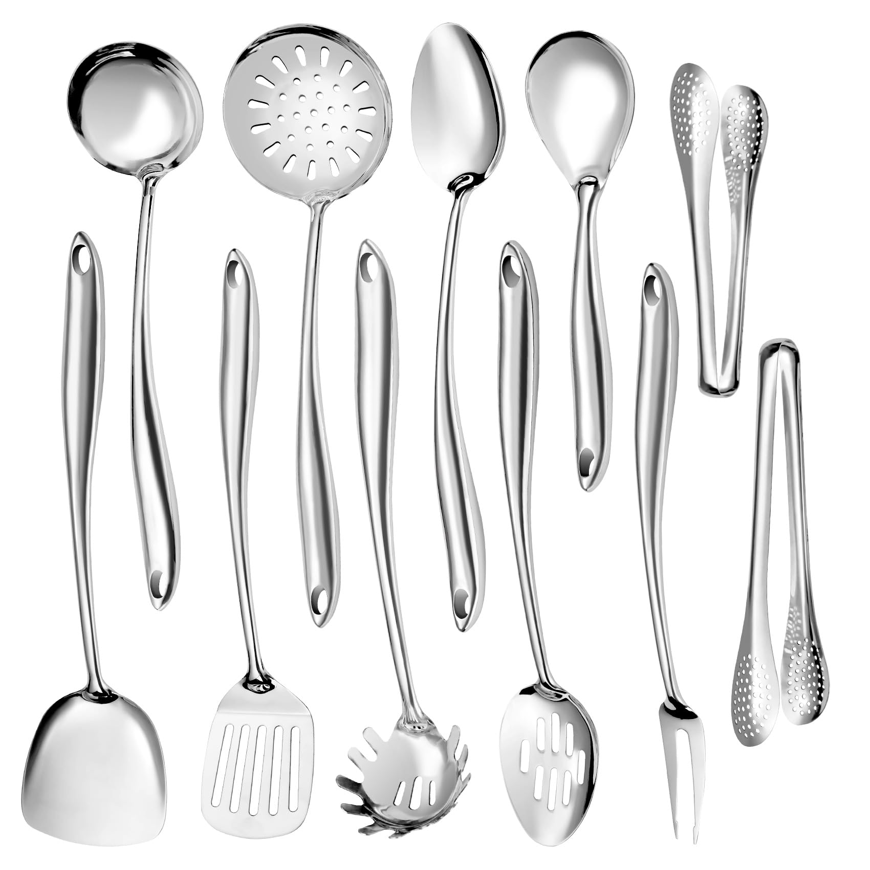 Küchenutensilien-Set aus 304 Edelstahl, 11-teiliges Edelstahl-Kochutensilien-Set, langes Metall-Kochutensilien-Set mit Spatel, Löffel, Skimmer, Zange usw. (spülmaschinenfest)