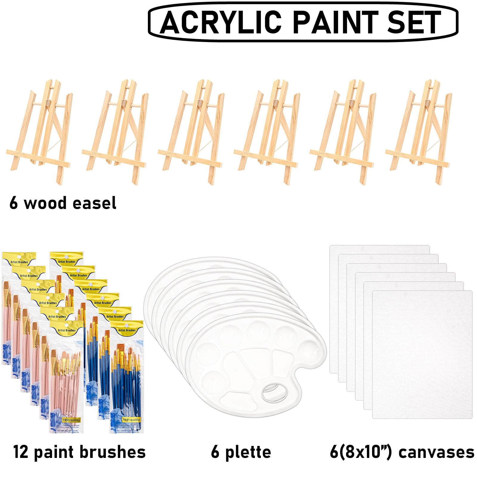 Lot de 138 kits de peinture professionnels – 6 chevalets en bois, 6 toiles de 20,3 x 25,4 cm, 6 palette, 120 pinceaux, kit de fournitures de peinture pour adultes, salle de classe, fête d'anniversaire