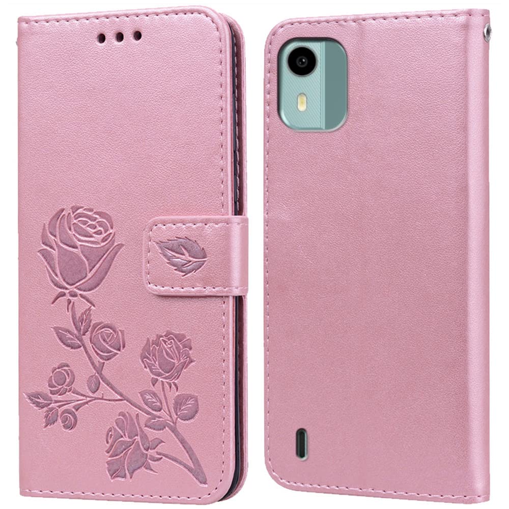 PKQTOP Phone Case For Nokia C12/C12 Pro/C12 Plus With Kickstand,Card Slots,Silicone Bumper,Shockproof,Flip Wallet Leather Protective Cover For Nokia C12 Pink