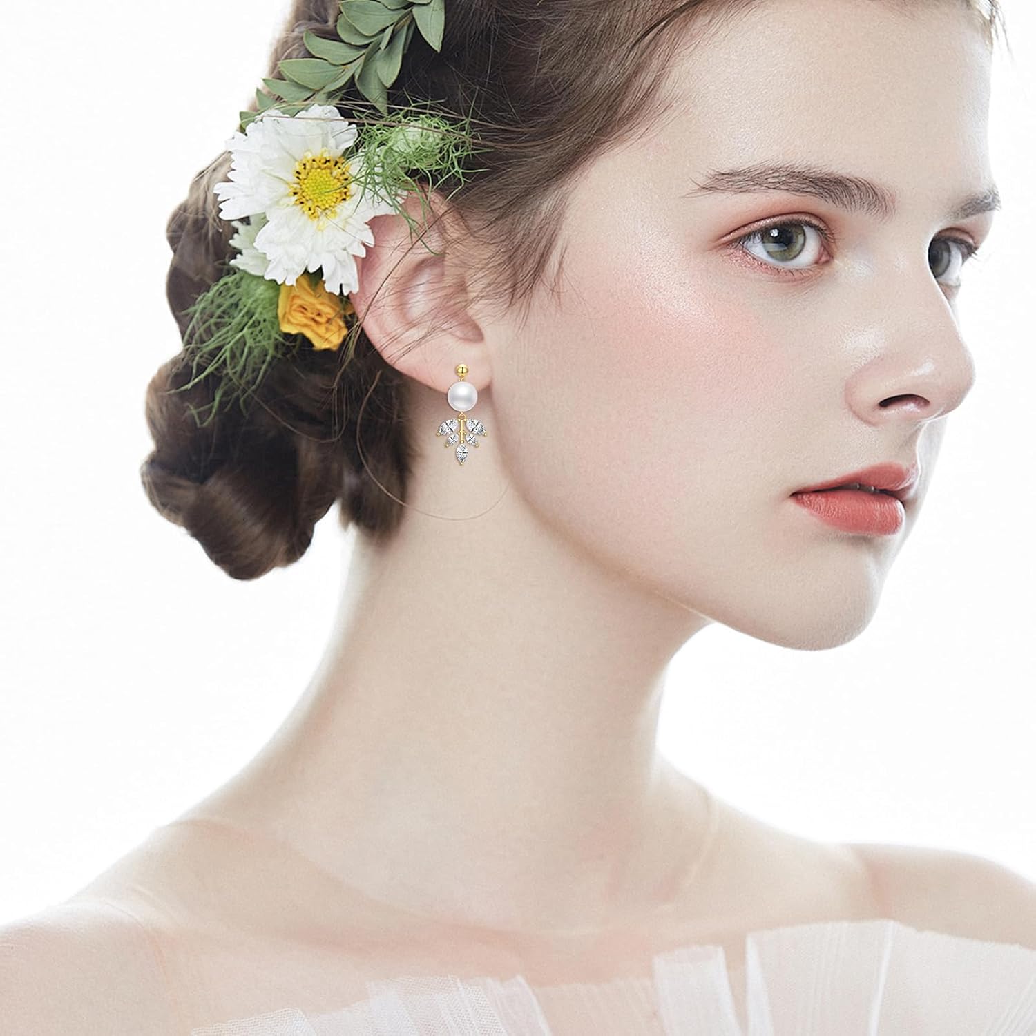 LONAGO Pearl Earrings for Women Dainty 14K Gold Plated Dangle Drop Studs 925 Sterling Silver Bridal Leaf Pearl Cubic Zirconia Stud Earring Wedding Jewelry Gifts - Image 3