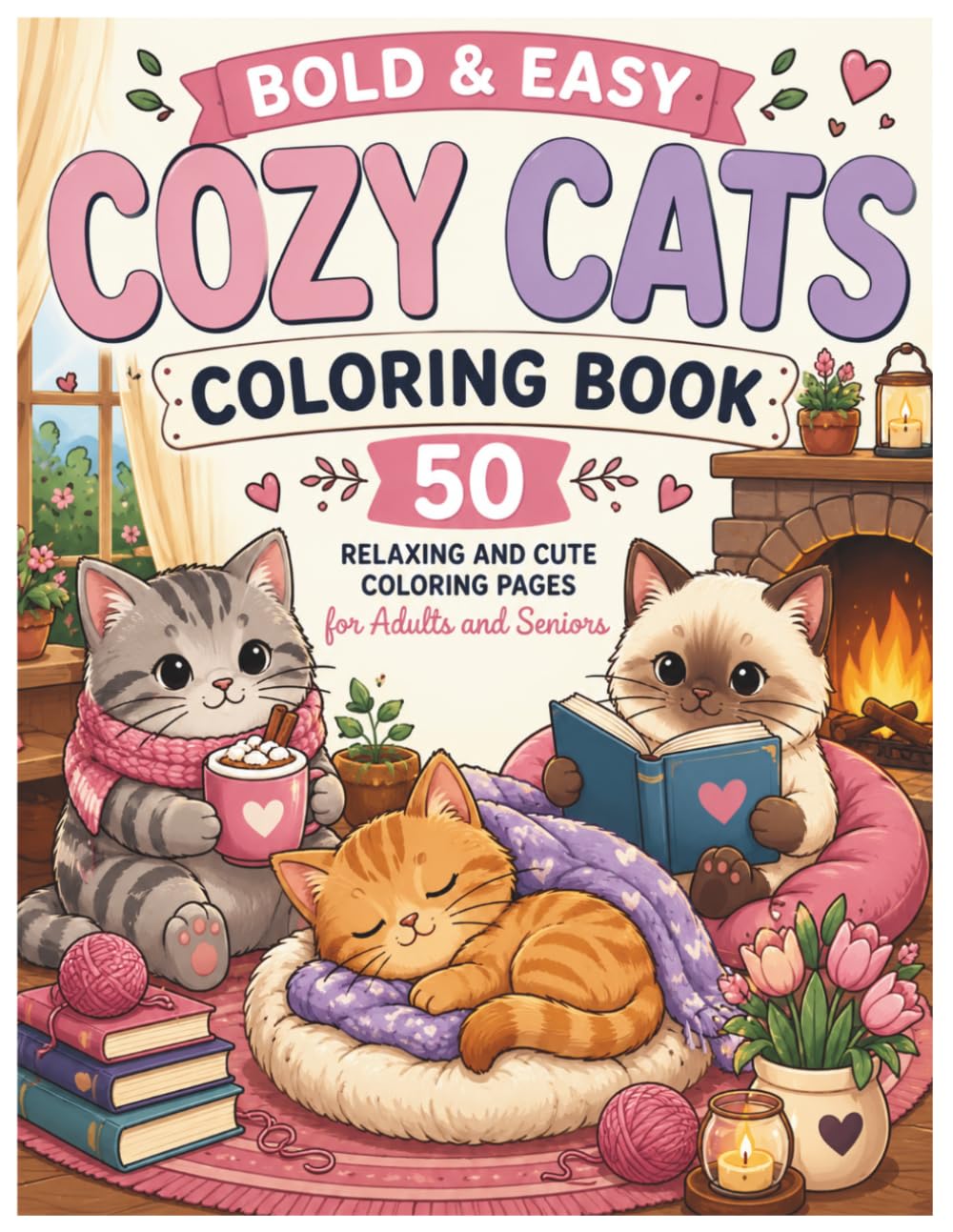 Bold & Easy Cozy Cats Coloring Book: 50 Relaxing and Cute Coloring Pages for Adults and Seniors