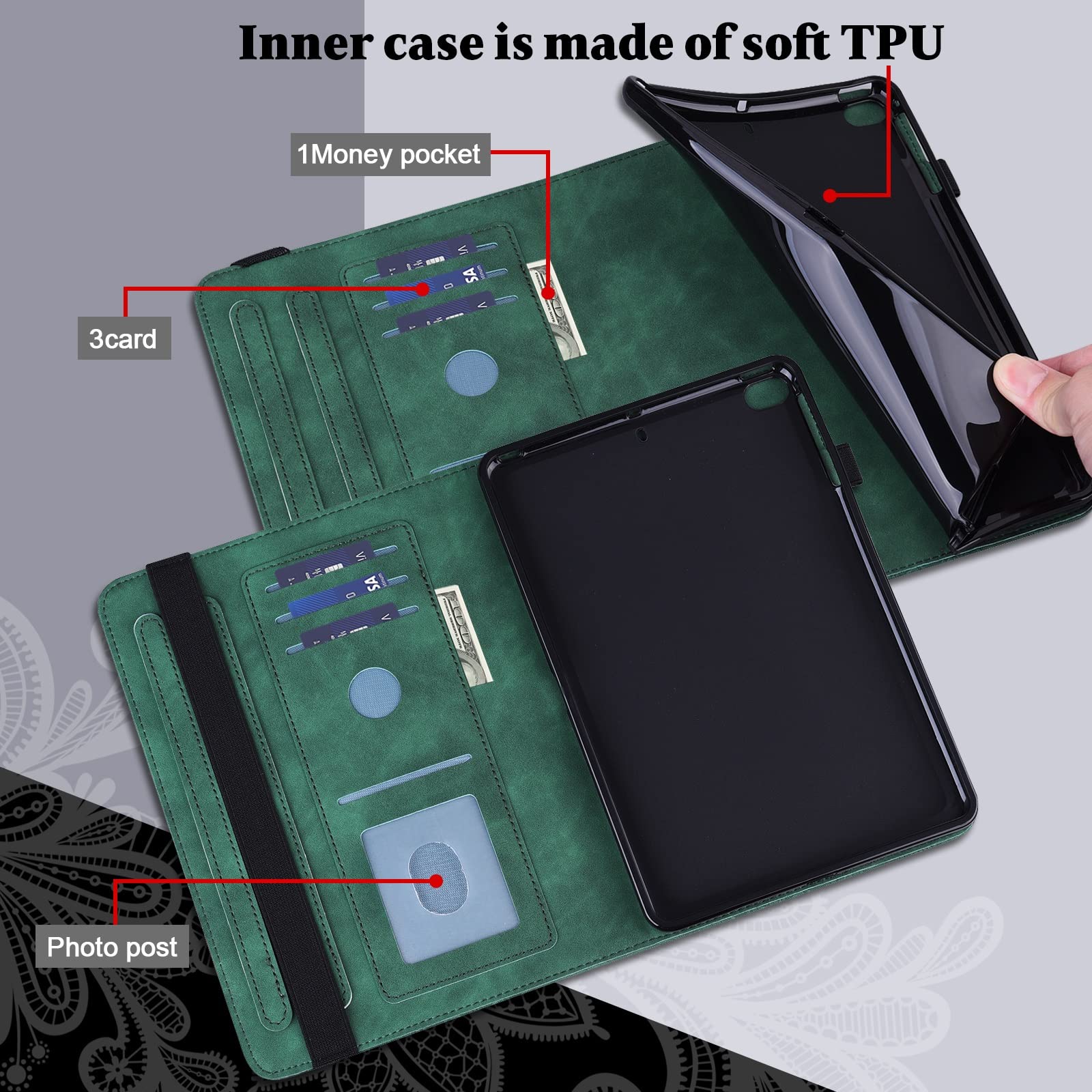 Skórzana tabletka kompatybilna z Kindle Fire HD10 2016/2017/2018/2019, Tablet typu wspornika PC Obudowa szokiem do gniazda karty Pu obudowa Flip Portfel Ochronna(Ye?il)