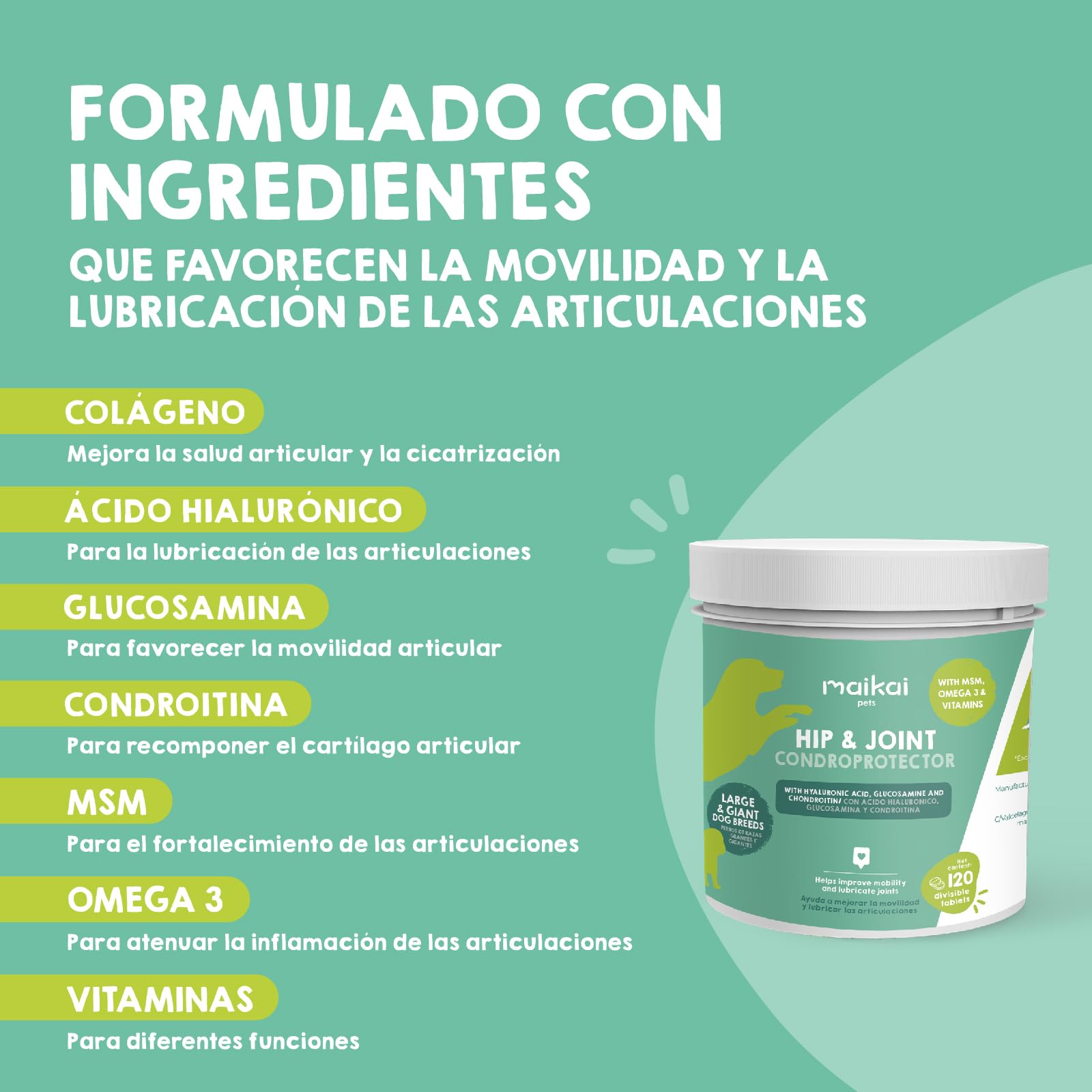 MAIKAI Condroprotector Perros Grandes y Gigantes – 120 Comprimidos – Glucosamina + Condroitina + MSM + Ácido Hialurónico – Articulaciones + Antiinflamatorio Natural