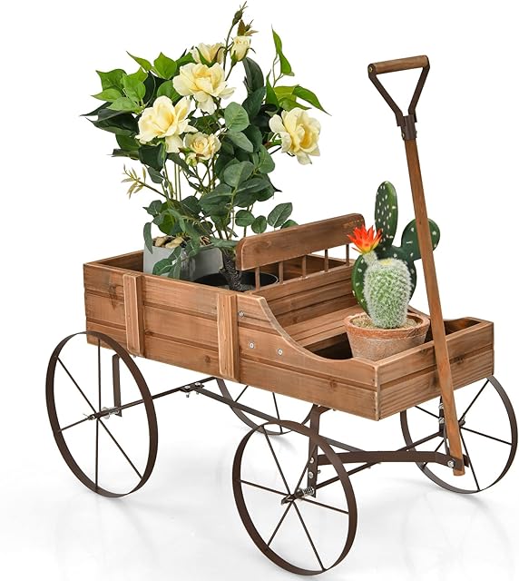 GiantexUK Wooden Wagon Garden Planter, Flower Cart with Long Handle and Flexible Wheels, Outdoor & Indoor Decorative Wheelbarrow Flower Pot Stand (Brown)