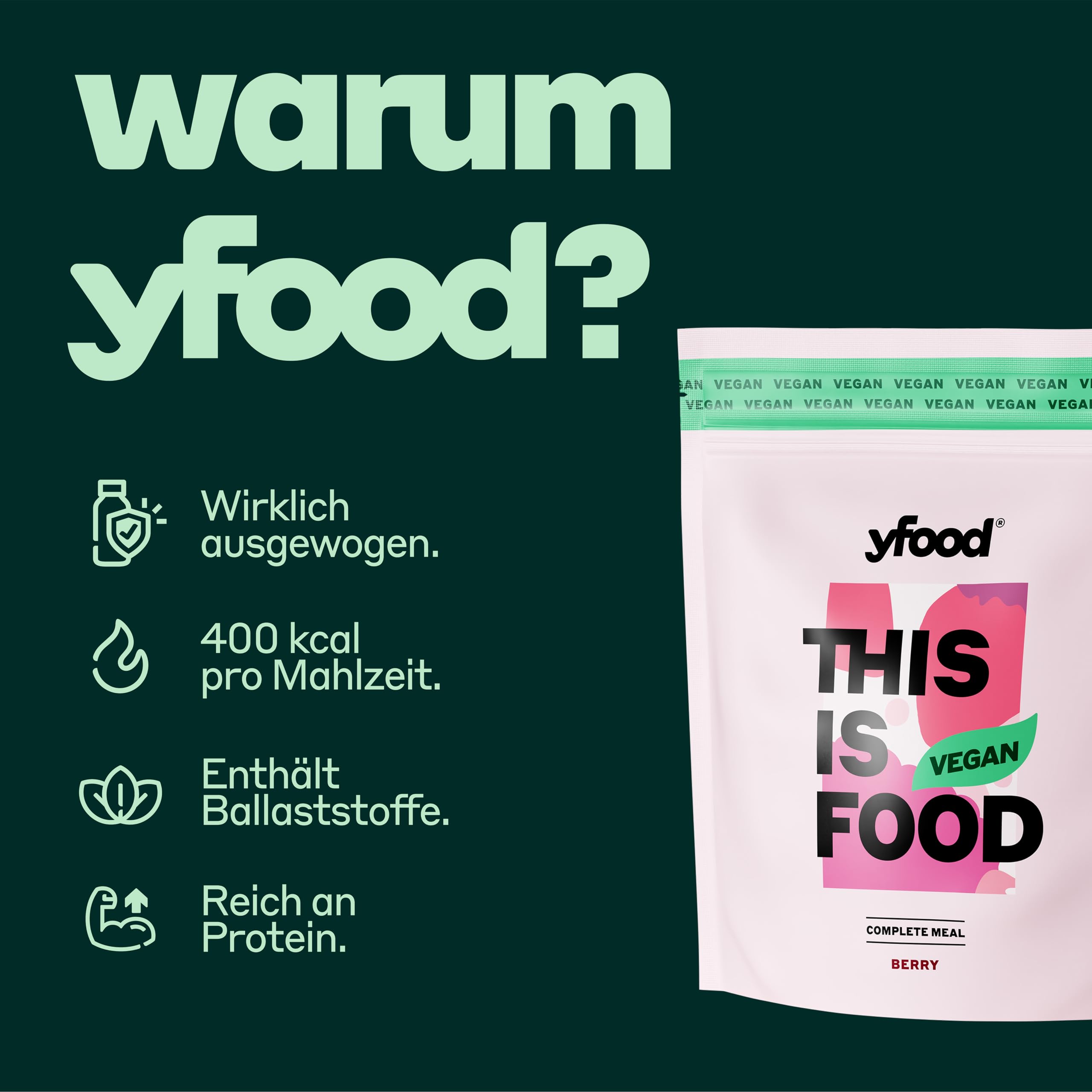 yfood Poudre végétalienne Berry, délicieux repas à boire pour les déplacements, en poudre, 25 g de protéines, 12 repas, 26 vitamines et minéraux, goût baie (végétalien)