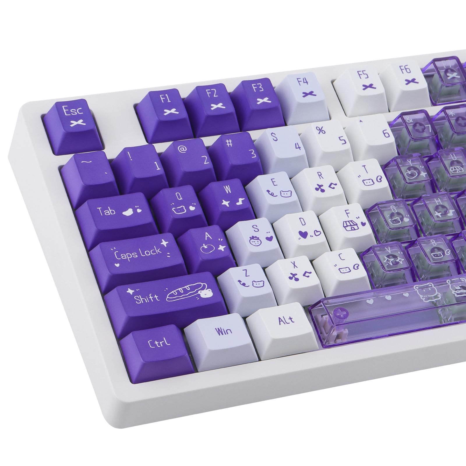 PBT Keycaps + Clear PC Through Keycaps, 150 klawiszy Purple Jelly Cute Pudding Keycap, Double Shot Shine Through Cherry Profile Keycap for Cherry MX Switch ANSI & ISO Layout Mechanical Keyboards