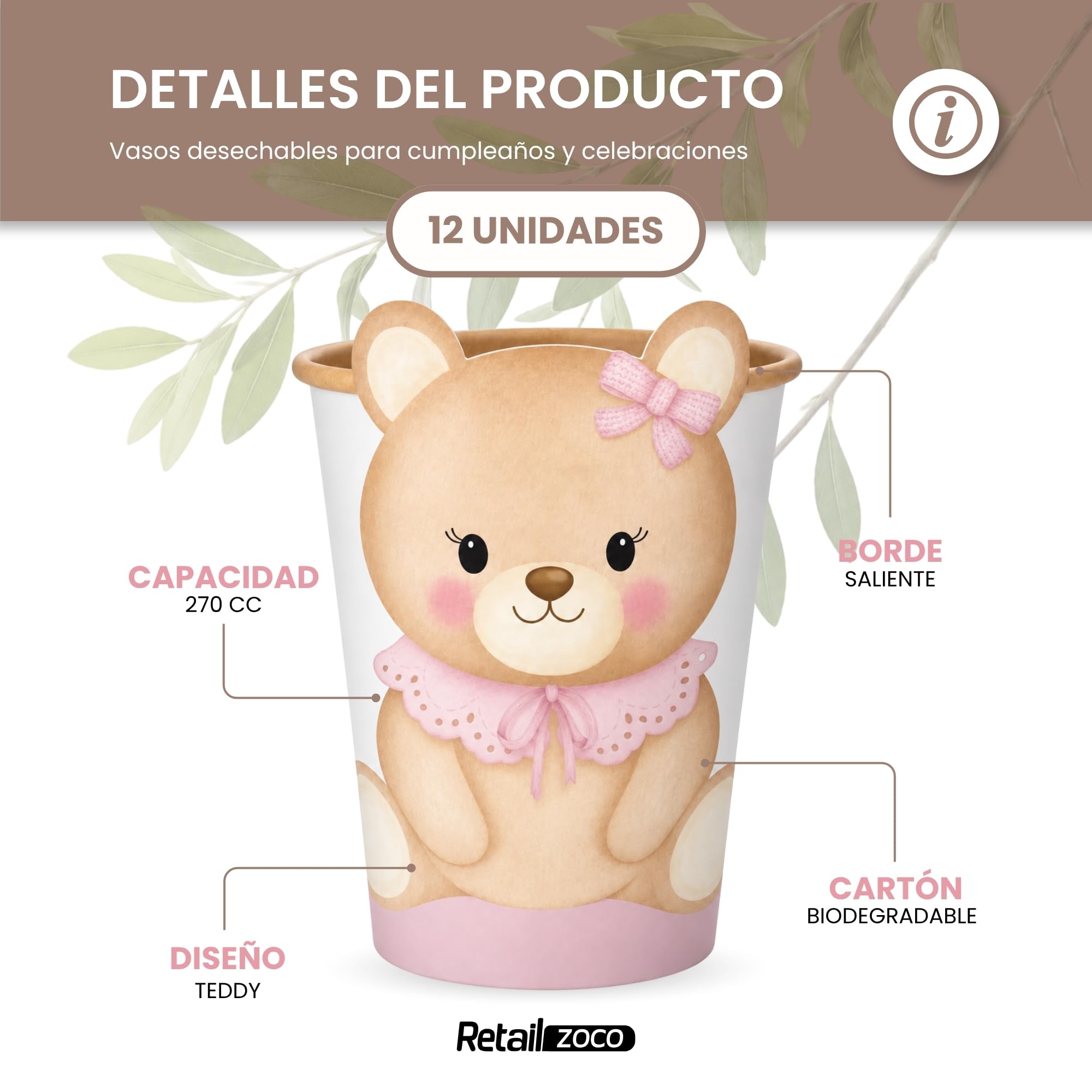 Vasos Cumpleaño, Vasos Desechables cartón, Diseño Osito Rosa, 12 Unidades - imagen 2