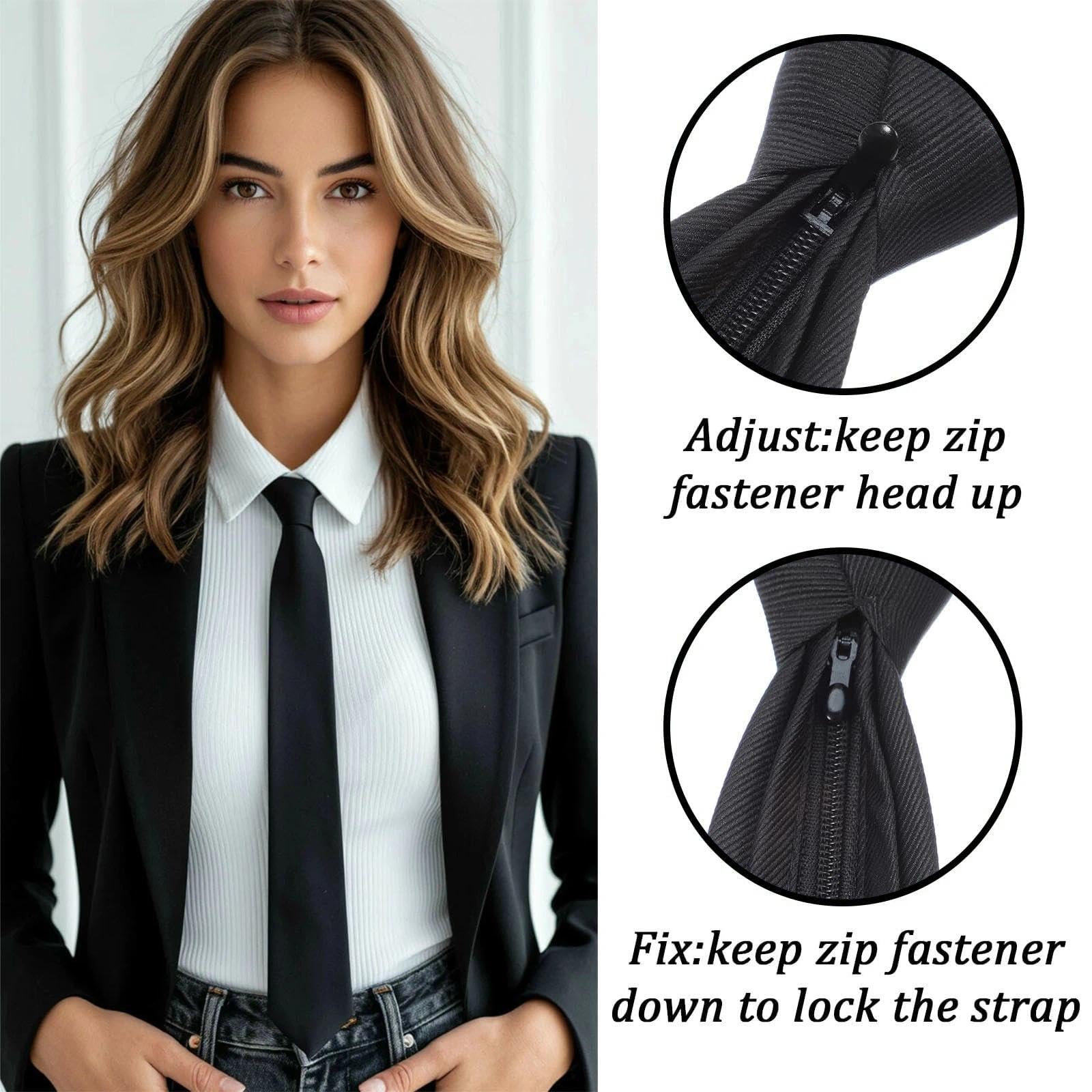 Corbata negra para mujer, corbatas preatadas de 38 cm, corbatas ajustables con cremallera, corbata de uniforme JK, para graduación y bodas de negocios