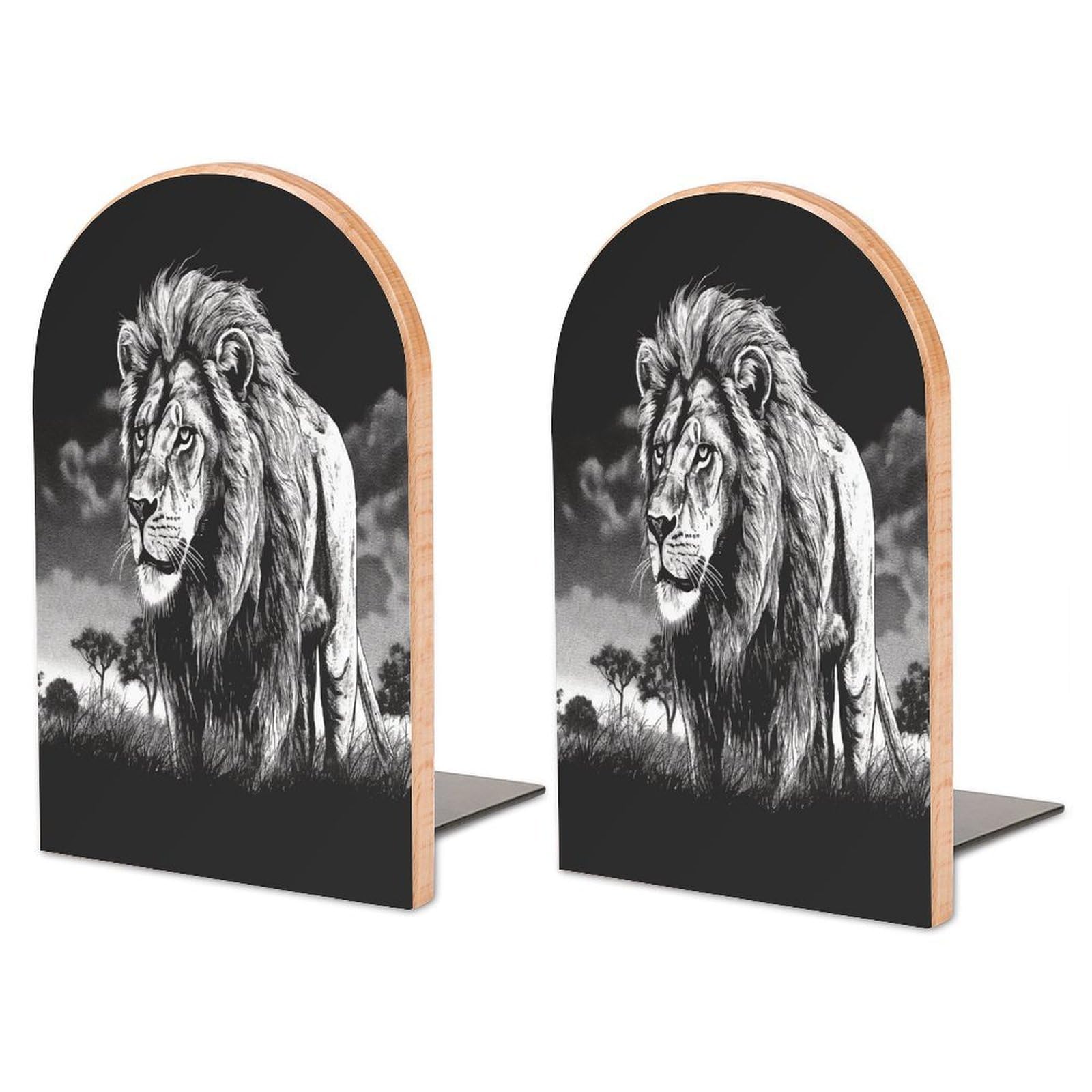 Sujetalibros de león en blanco y negro decorativo de madera premium