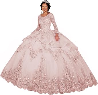 ZHengquan Flower Apllique Quinceanera Dresses Ball Gown Long Sleeves Tulle Sweet 16 Dresses Beaded Puffy Princess Dress