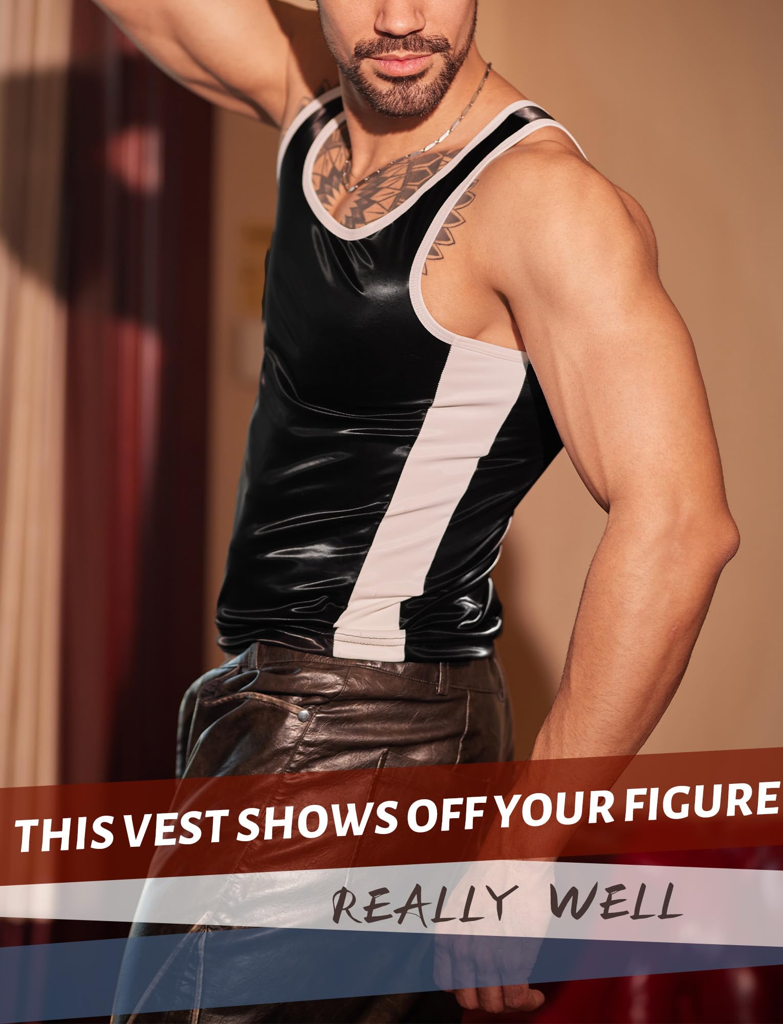FEOYA Débardeurs sans manches pour hommes en cuir PU Muscle Fit Gilet Hauts Hommes Sexy Similicuir effet mouillé Chemises Quotidien Sport Vêtements de nuit Gilets